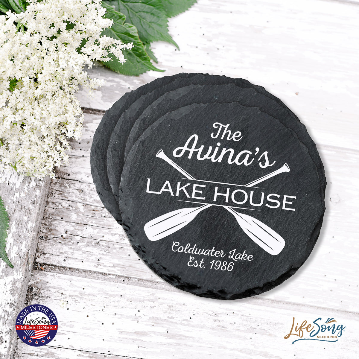 6 pcs round slate coaster set