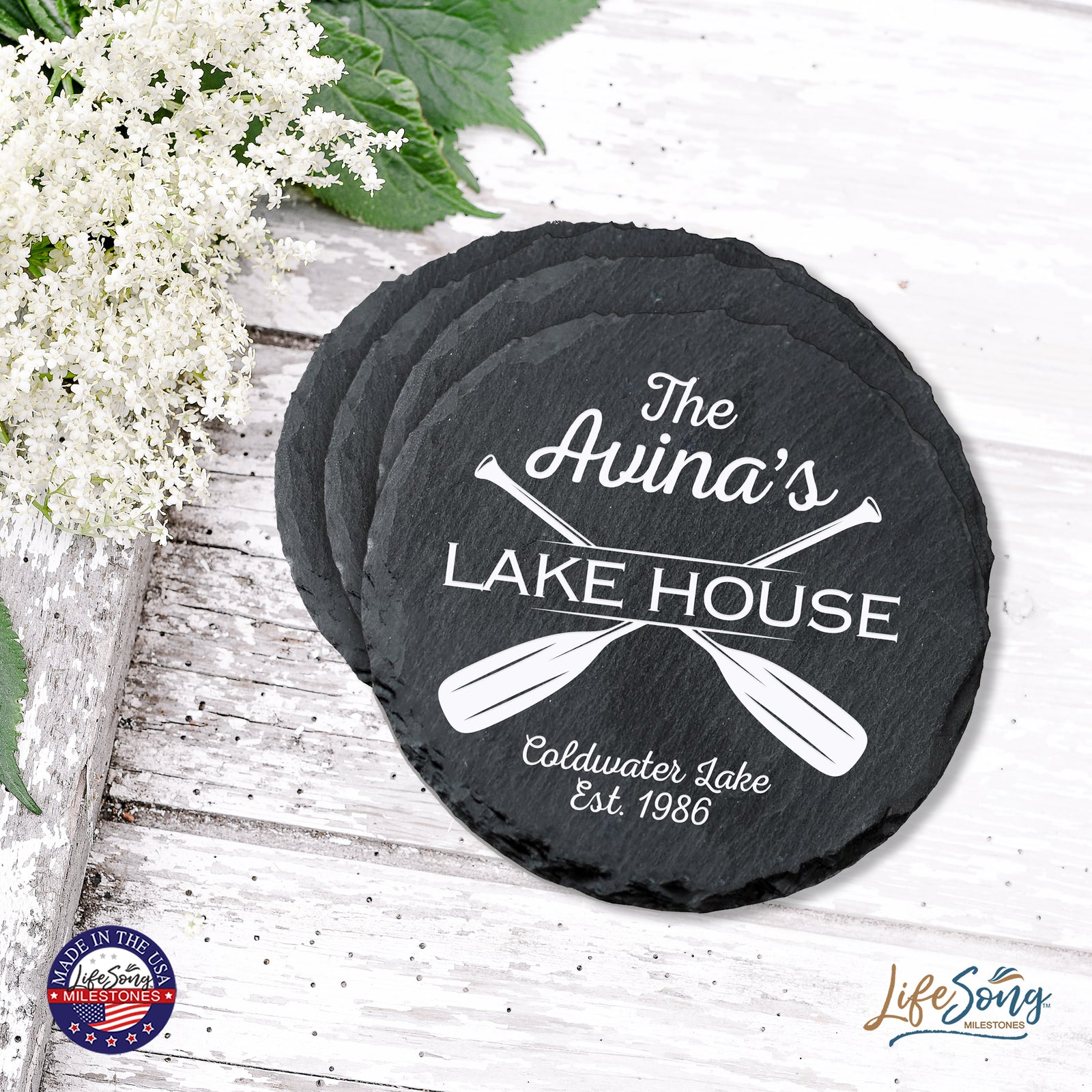 6 pcs round slate coaster set