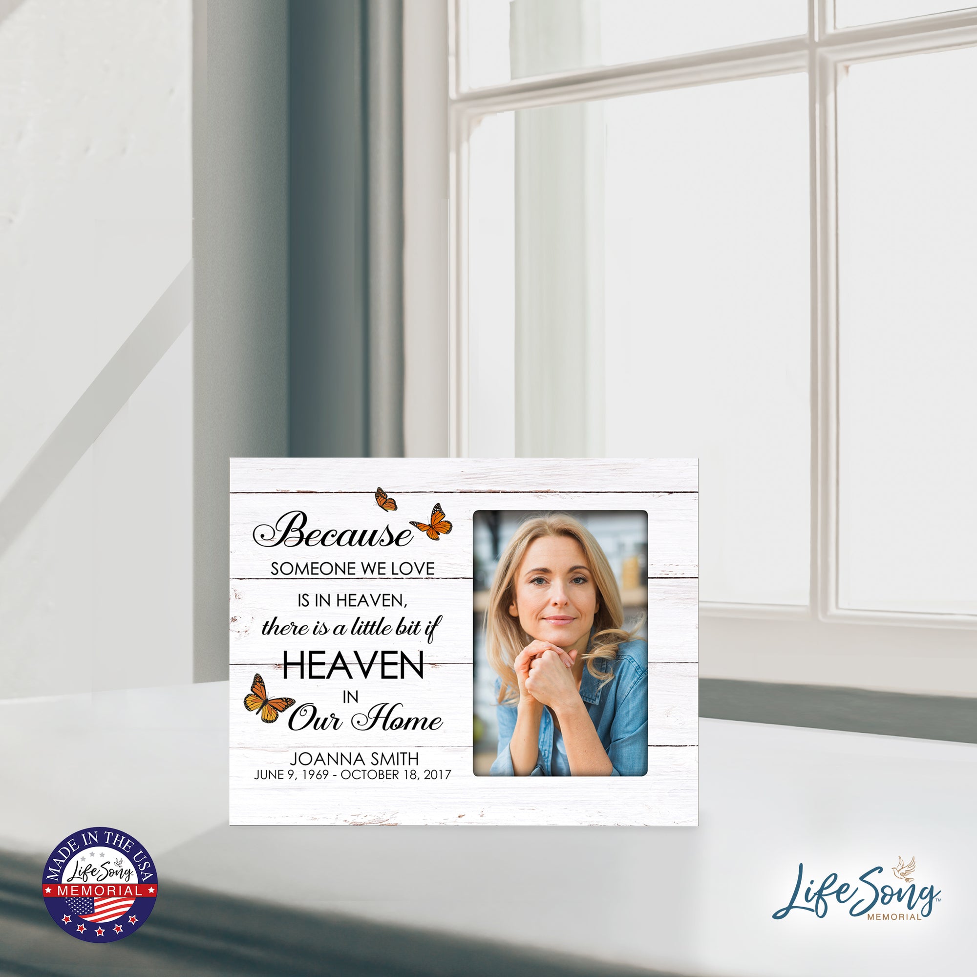 Personalized Horizontal 8x10 Wooden Memorial Picture Frame Holds 4x6 Photo - Because Someone We Love (White Distressed)