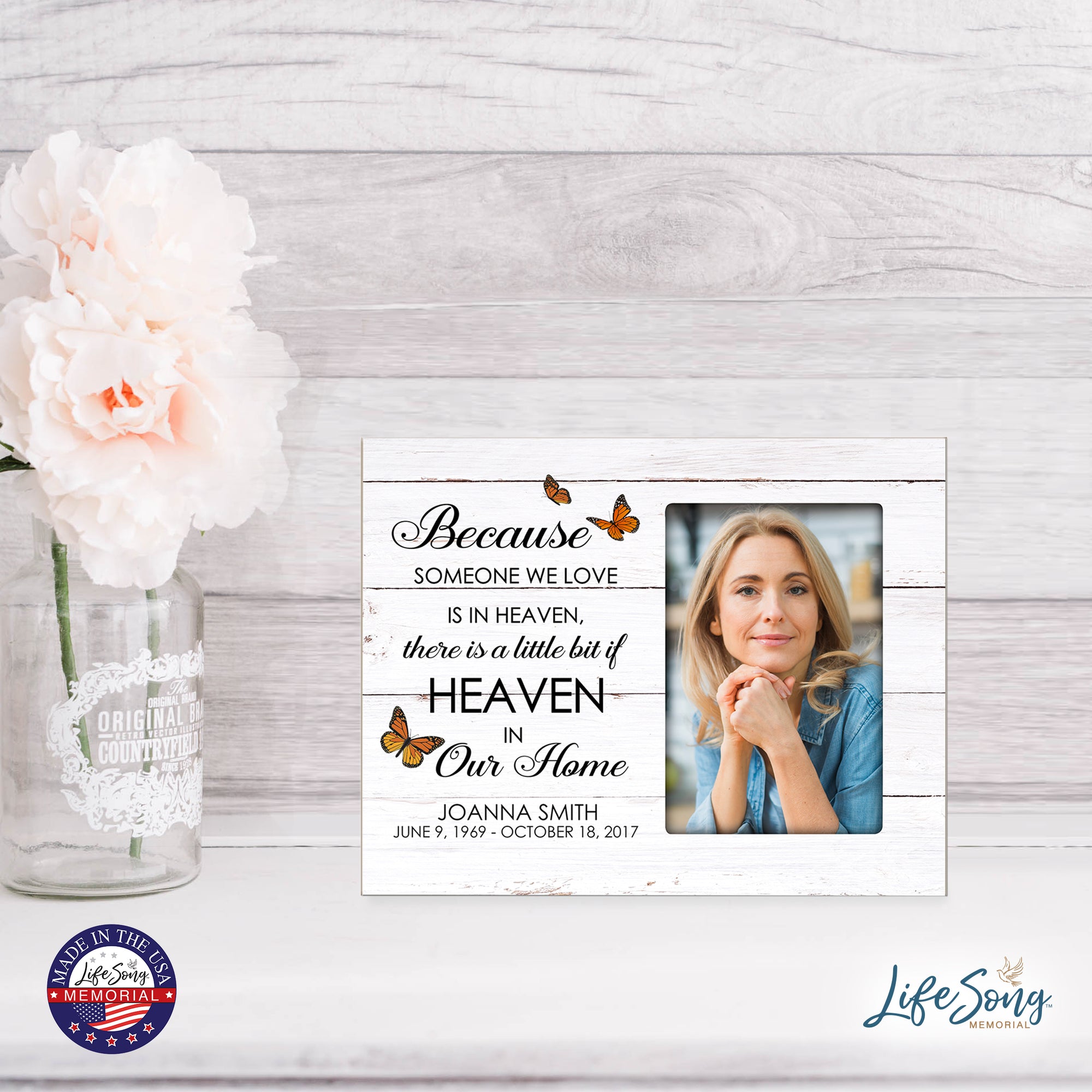 Personalized Horizontal 8x10 Wooden Memorial Picture Frame Holds 4x6 Photo - Because Someone We Love (White Distressed)