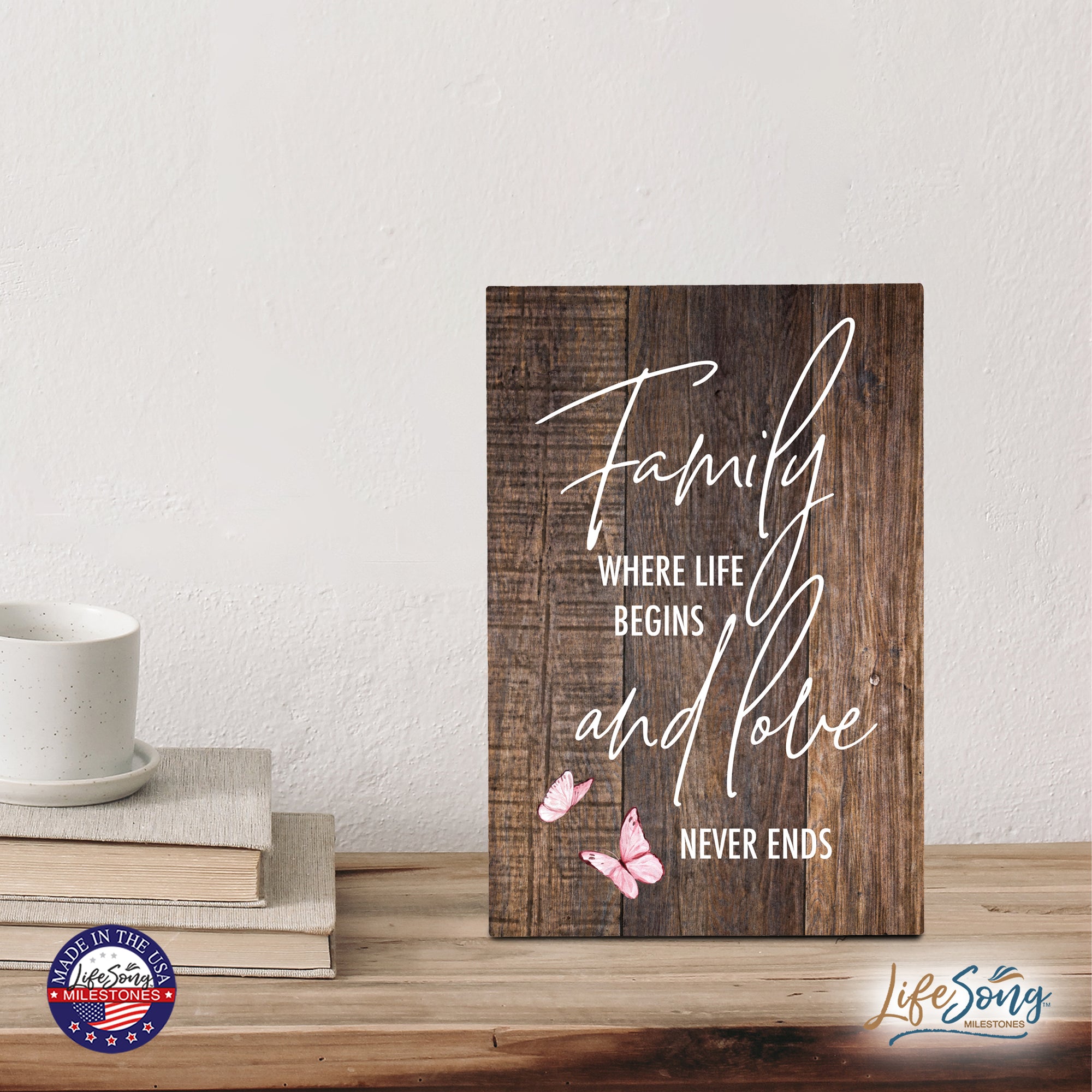Wood Wall Sign with Inspirational Quote Family Where Life Begins (Pink) Table Top Home Office Desk Decoration 5.5x8in