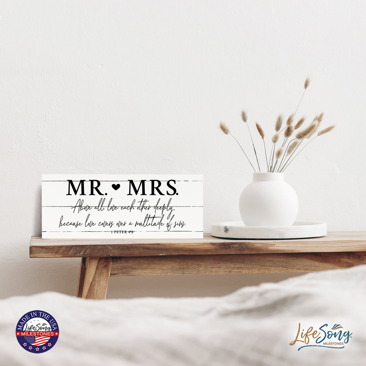 Inspirational Bible Quote Tabletop and Wall Decoration 10x4 - Mr Mrs Above All