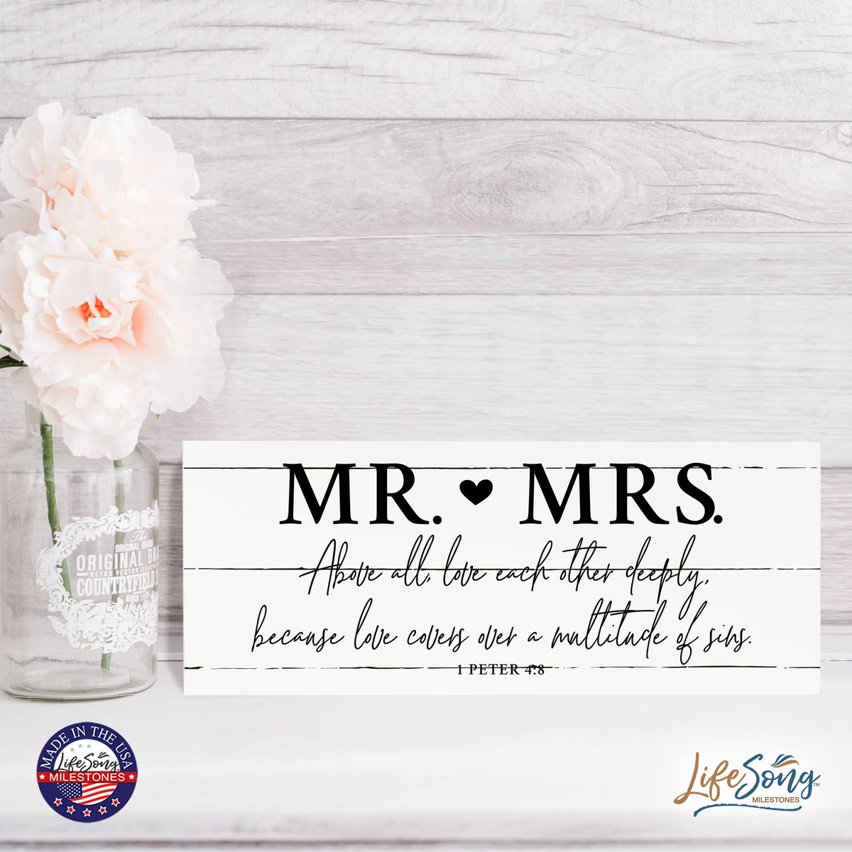 Inspirational Bible Quote Tabletop and Wall Decoration 10x4 - Mr Mrs Above All
