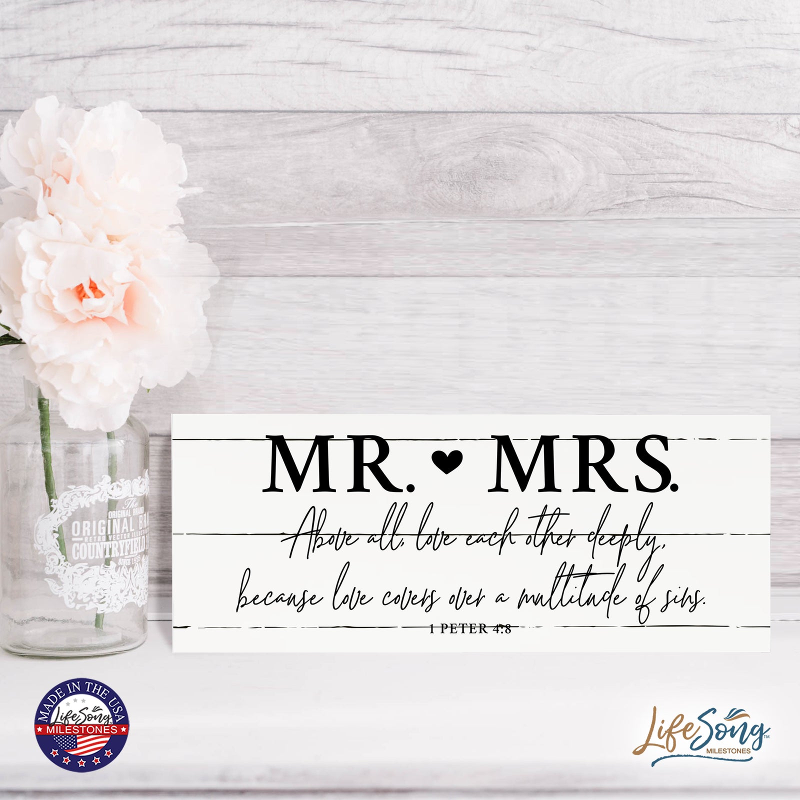 Inspirational Bible Quote Tabletop and Wall Decoration 10x4 - Mr Mrs Above All