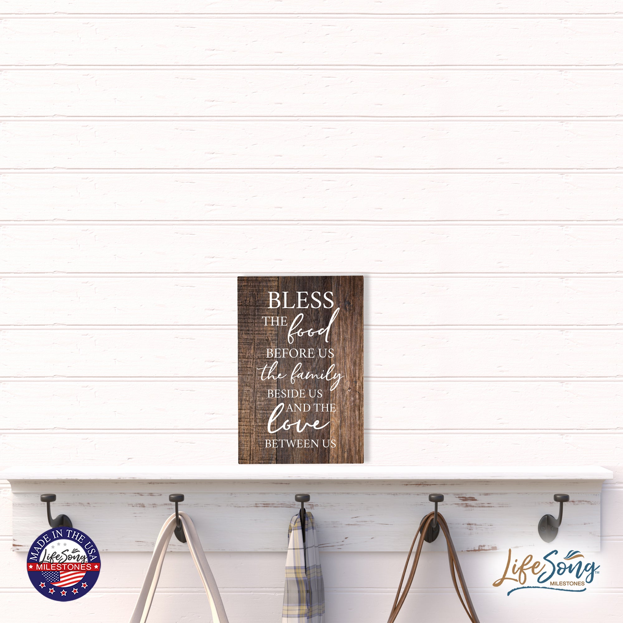 Wood Wall Sign with Inspirational Bible Verse The Food Before Us (The Family) Table Top Home Office Desk Decoration 5.5x8in