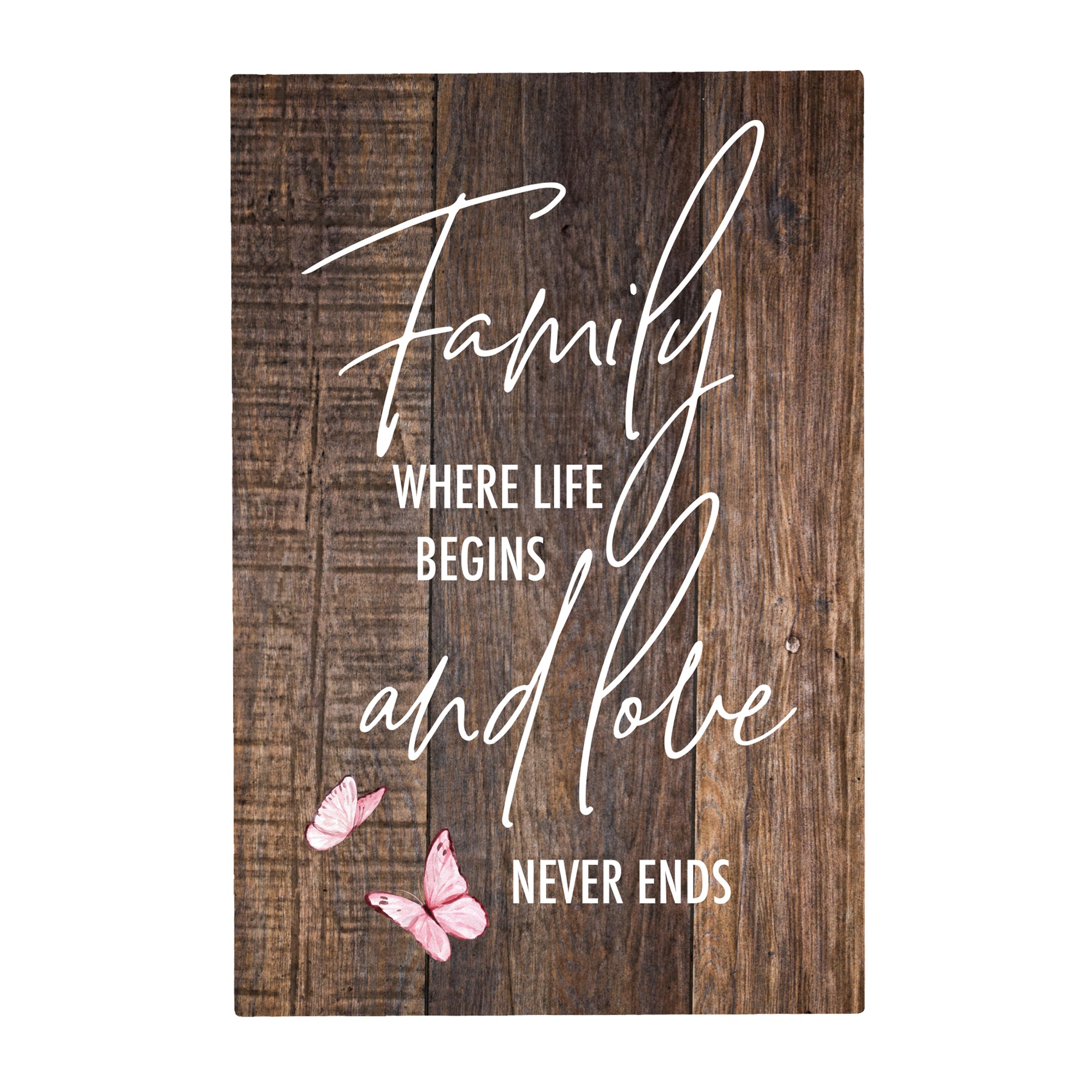 Wood Wall Sign with Inspirational Quote Family Where Life Begins (Pink) Table Top Home Office Desk Decoration 5.5x8in