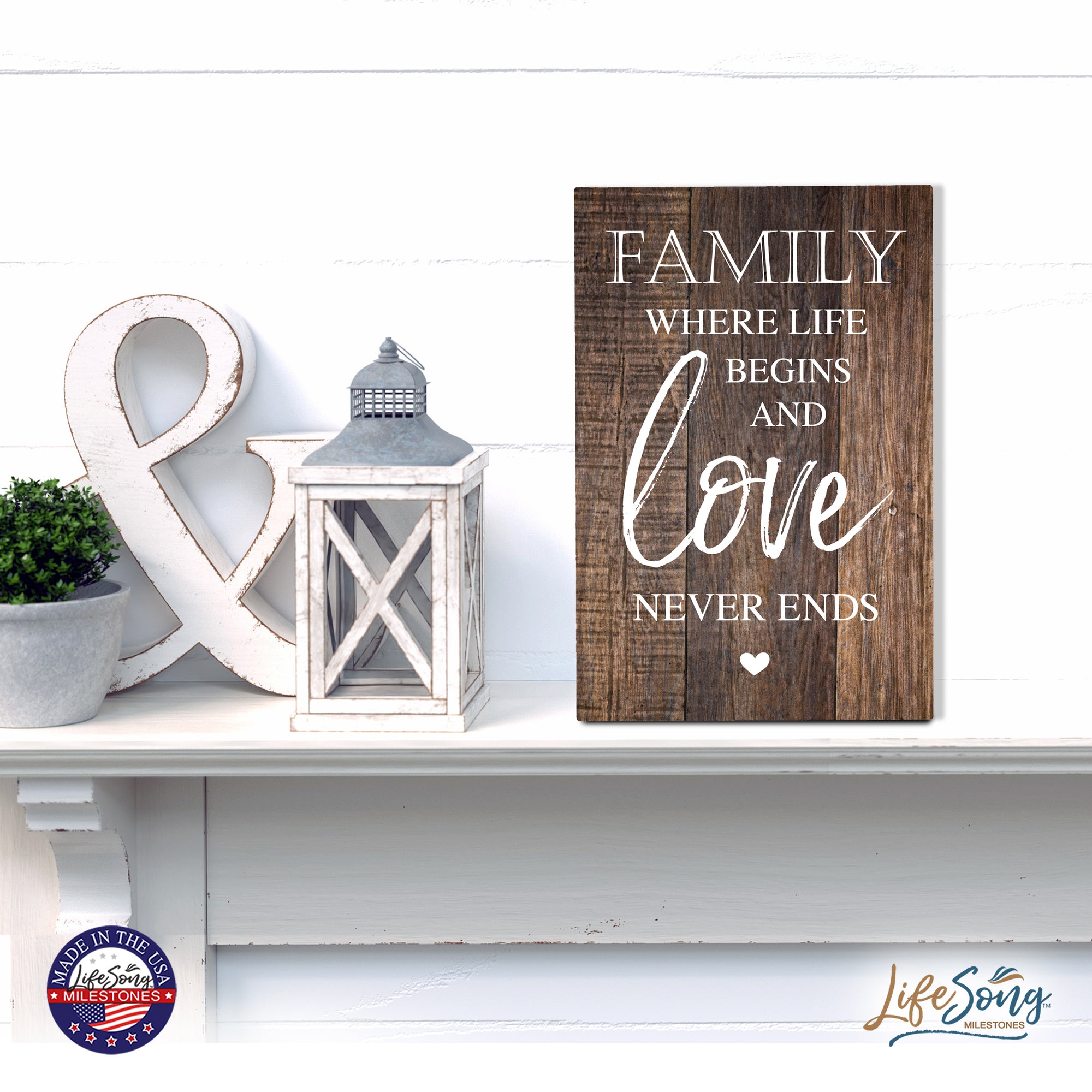 Wood Wall Sign with Inspirational Quote Family Where Life Begins (Heart) Table Top Home Office Desk Decoration 5.5x8in