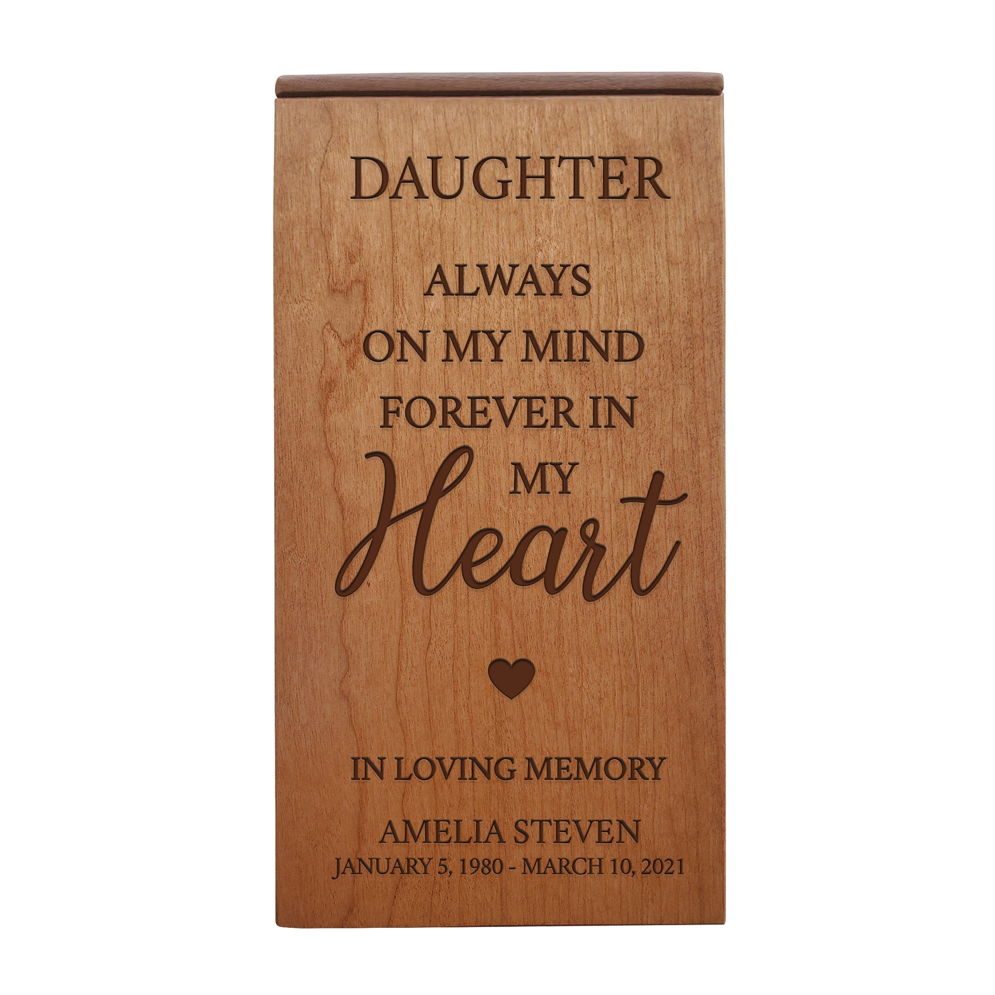 Custom Engraved Memorial Cremation Keepsake Urn Box 4.5x4.5 holds 100 cu in of Ashes in - Daughter, Always On My Mind. Sympathy Gift for the Loss of a Loved One Bereavement Gift for Family Friends Condolence Sympathy Comfort Keepsake Funeral Decoration. Cremation Urns, urn for ashes, urns for humans, urns for dad, urns for mom, urns for sale, urns for human ashes, pet urns, cherished urns, small urns, small urns for ashes, Wooden Urns, Wooden Keepsake Urn, Wood Cremation Urns.
