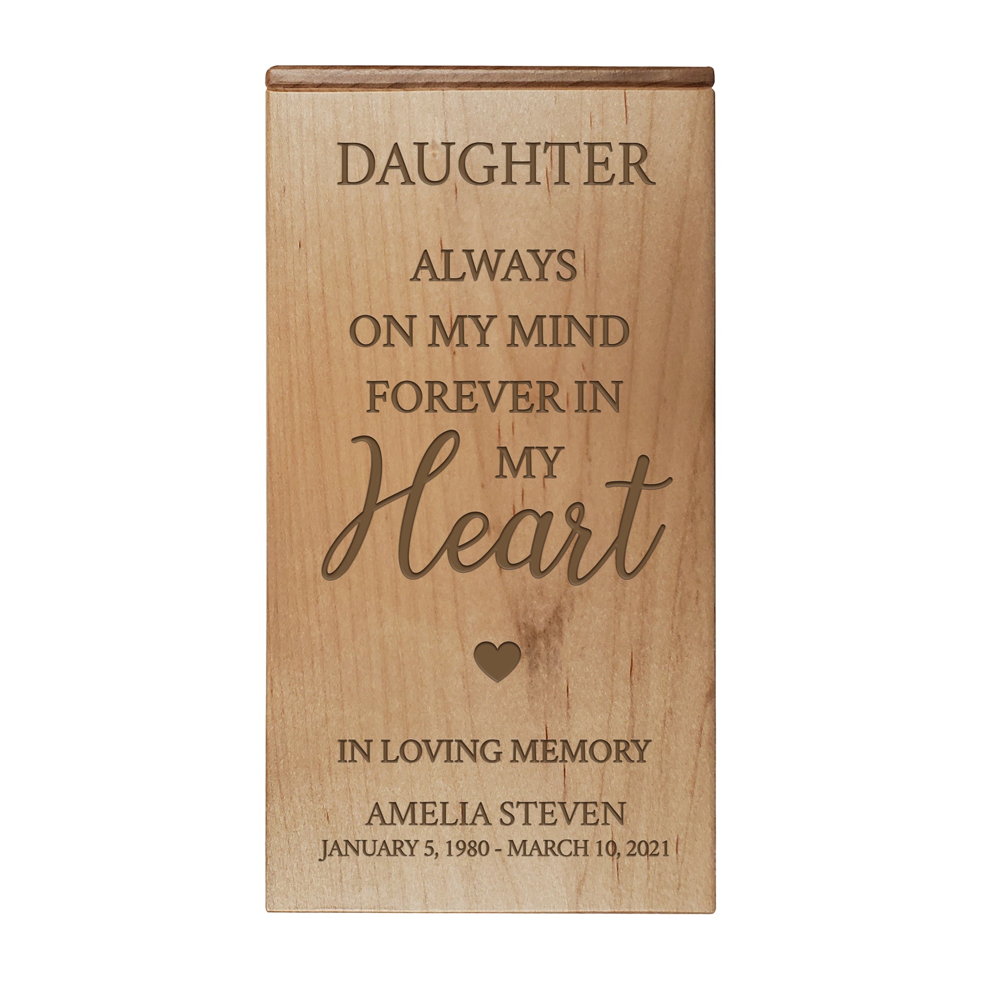 Custom Engraved Memorial Cremation Keepsake Urn Box 4.5x4.5 holds 100 cu in of Ashes in - Daughter, Always On My Mind. Sympathy Gift for the Loss of a Loved One Bereavement Gift for Family Friends Condolence Sympathy Comfort Keepsake Funeral Decoration. Cremation Urns, urn for ashes, urns for humans, urns for dad, urns for mom, urns for sale, urns for human ashes, pet urns, cherished urns, small urns, small urns for ashes, Wooden Urns, Wooden Keepsake Urn, Wood Cremation Urns.