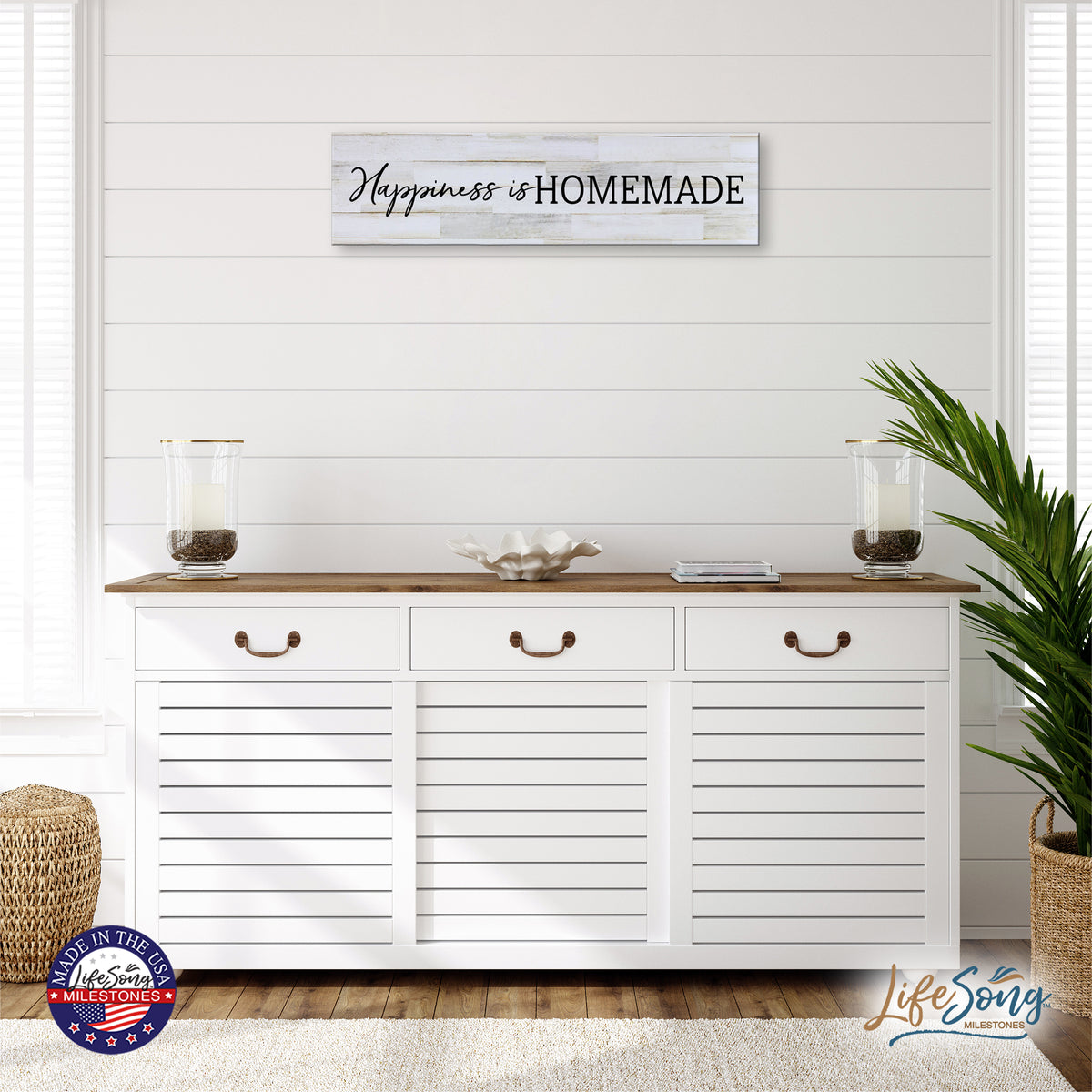 Inspirational Everyday Home and Family Wooden Wall Art Hanging Plaque 10 x 40 – Happiness Is Homemade