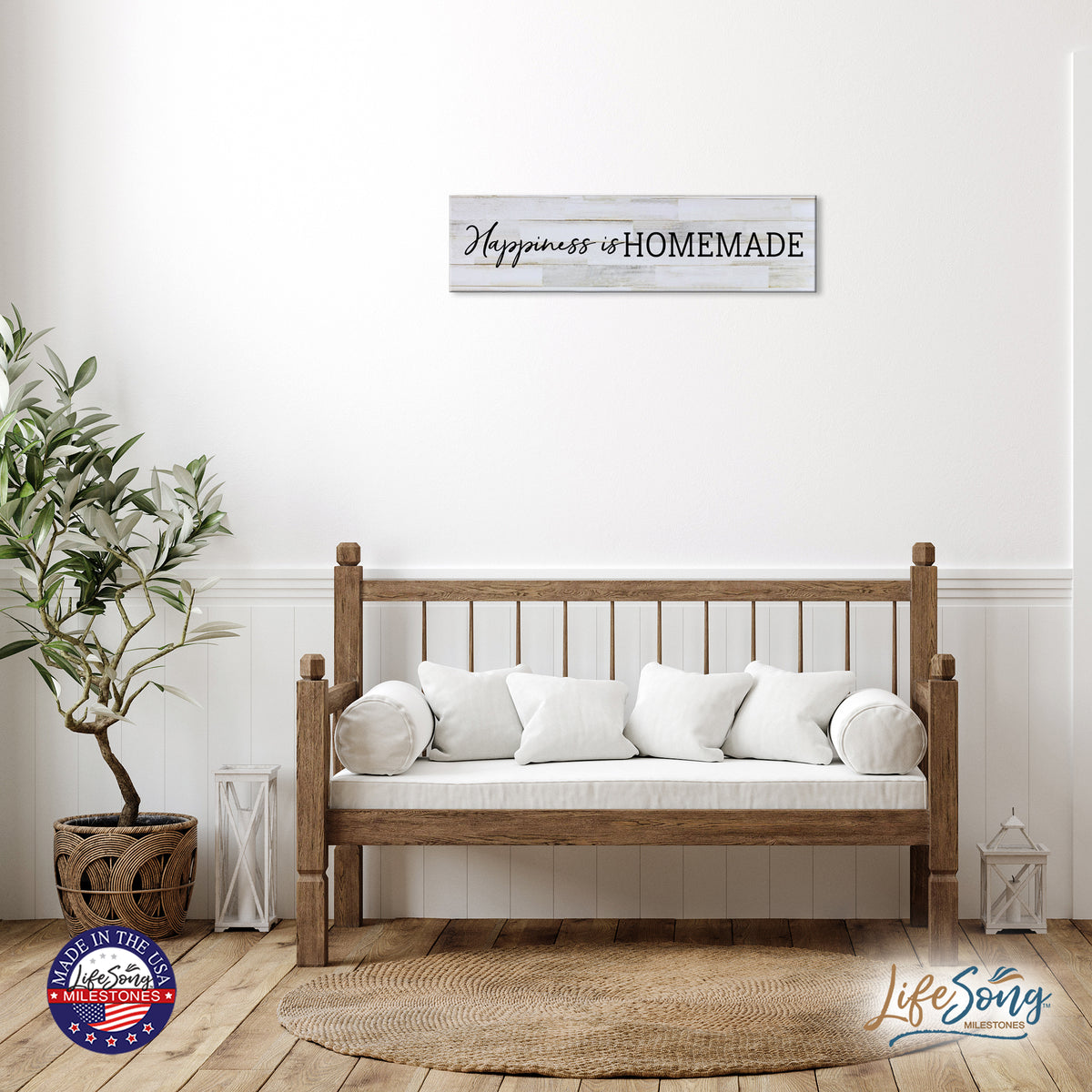 Inspirational Everyday Home and Family Wooden Wall Art Hanging Plaque 10 x 40 – Happiness Is Homemade