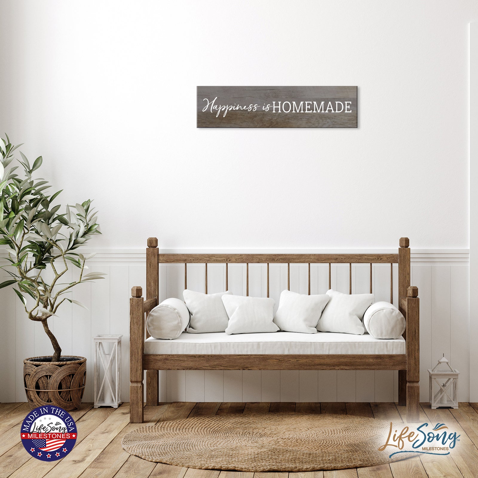 Inspirational Everyday Home and Family Wooden Wall Art Hanging Plaque 10 x 40 – Happiness Is Homemade