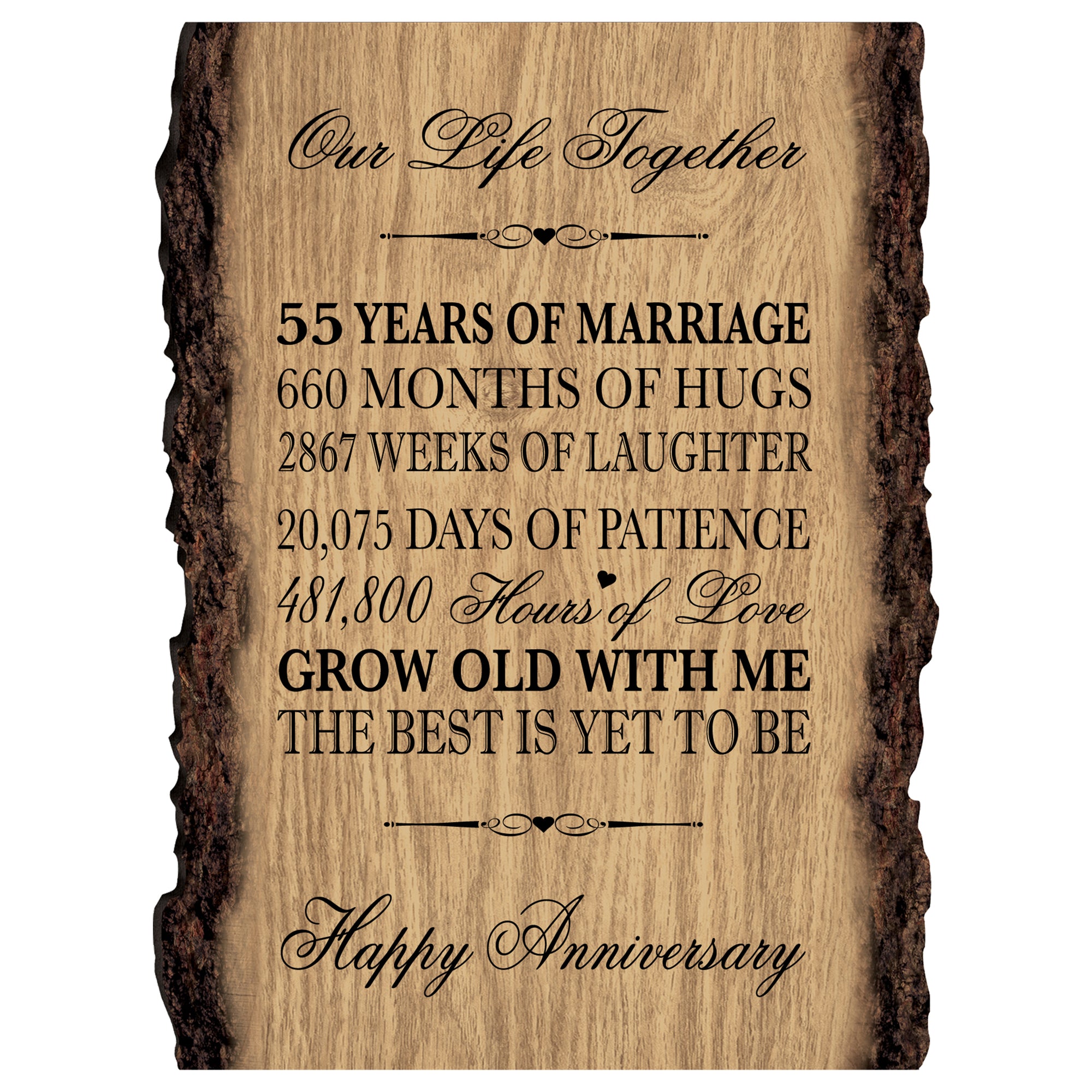 Rustic Wedding Anniversary 9x12 Barky Wall Plaque Gift For Parents, Grandparents New Couple - 55 Years Of Marriage
