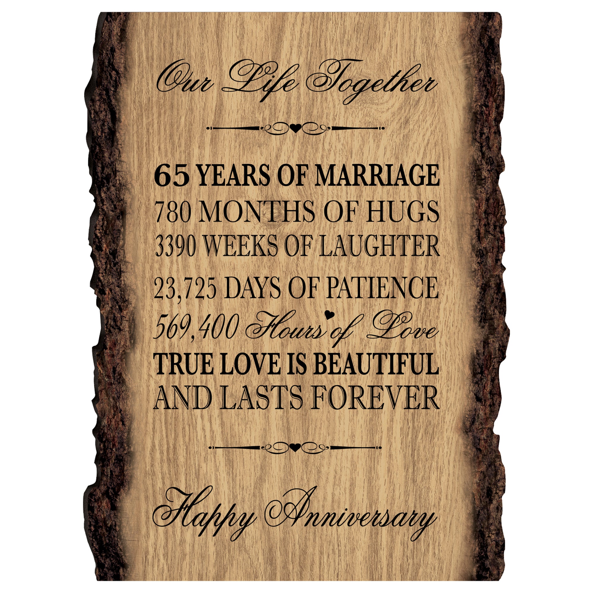 Rustic Wedding Anniversary 9x12 Barky Wall Plaque Gift For Parents, Grandparents New Couple - 65 Years Of Marriage