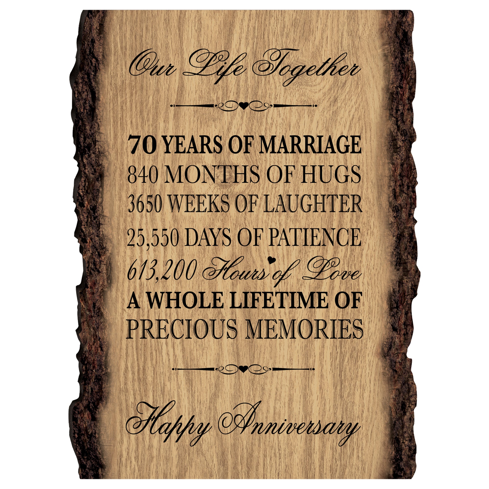 Rustic Wedding Anniversary 9x12 Barky Wall Plaque Gift For Parents, Grandparents New Couple - 70 Years Of Marriage