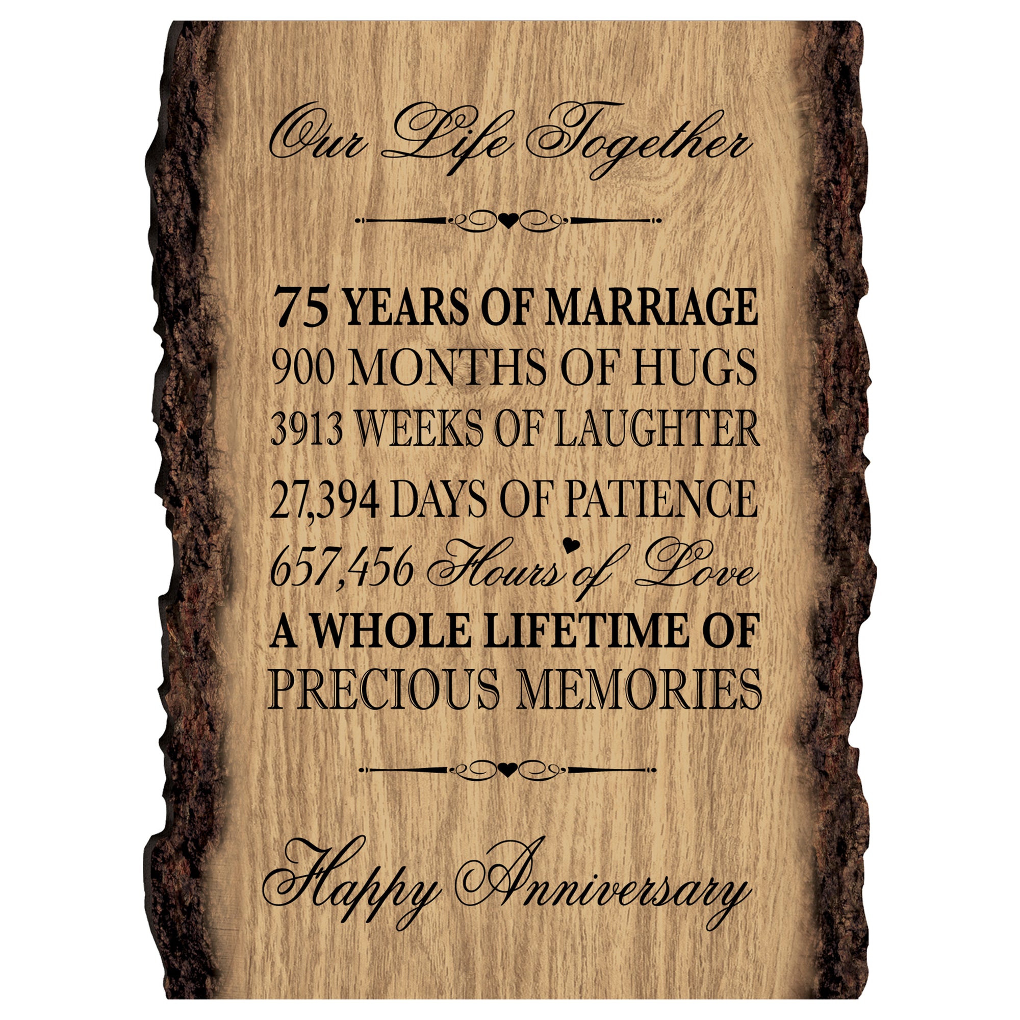 Rustic Wedding Anniversary 9x12 Barky Wall Plaque Gift For Parents, Grandparents New Couple - 75 Years Of Marriage