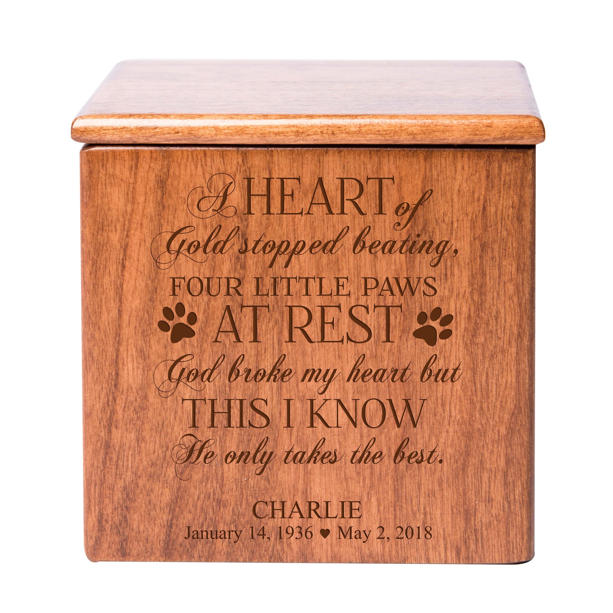 Pet Memorial Keepsake Cremation Urn Box for Dog or Cat - A Heart of Gold