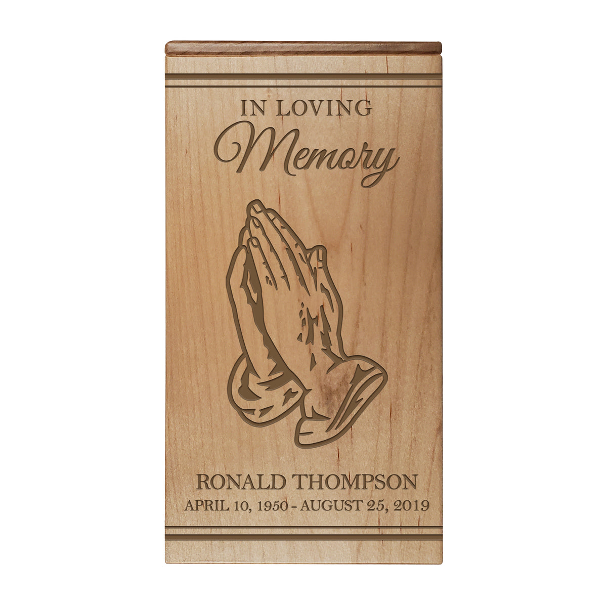 Handcrafted Wooden Urn with Custom Engraved Prayer Hand