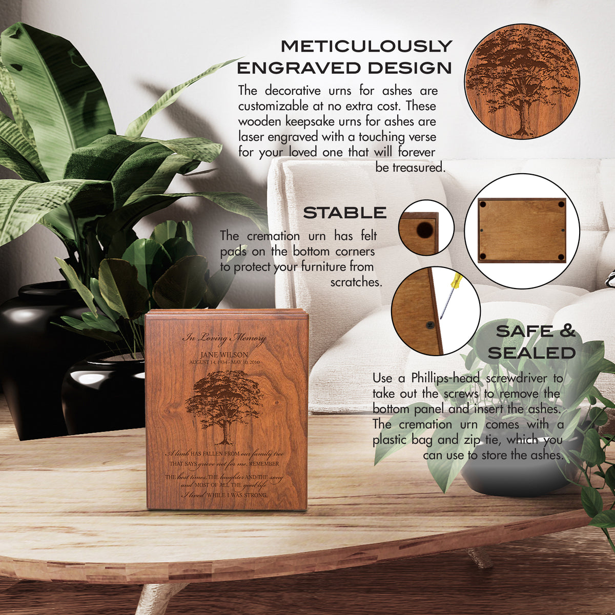 Premium Engraved Cremation Urn Box for Human Ashes