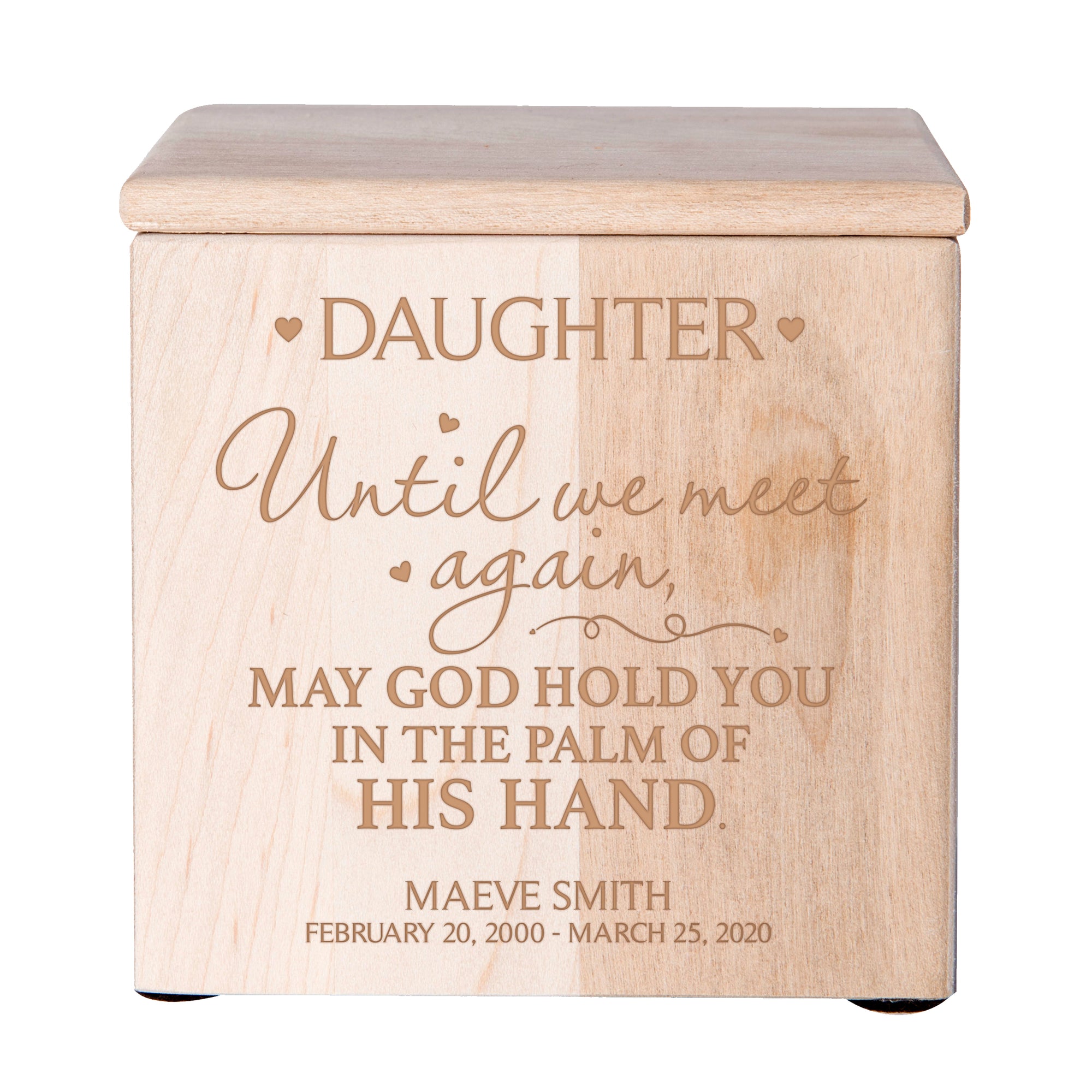 Custom Engraved Memorial 4.5x4.5in Cremation Urn Box Holds 49 Cu Inches Of Human Ashes (Until We Meet Again Daughter) Funeral and Condolence Keepsake. Sympathy Gift for the Loss of a Loved One Bereavement Gift for Family Friends Condolence Sympathy Comfort Keepsake Funeral Decoration. Cremation Urns, urn for ashes, urns for humans, urns for dad, urns for mom, urns for sale, urns for human ashes, pet urns, cherished urns, small urns, small urns for ashes, Wooden Urns