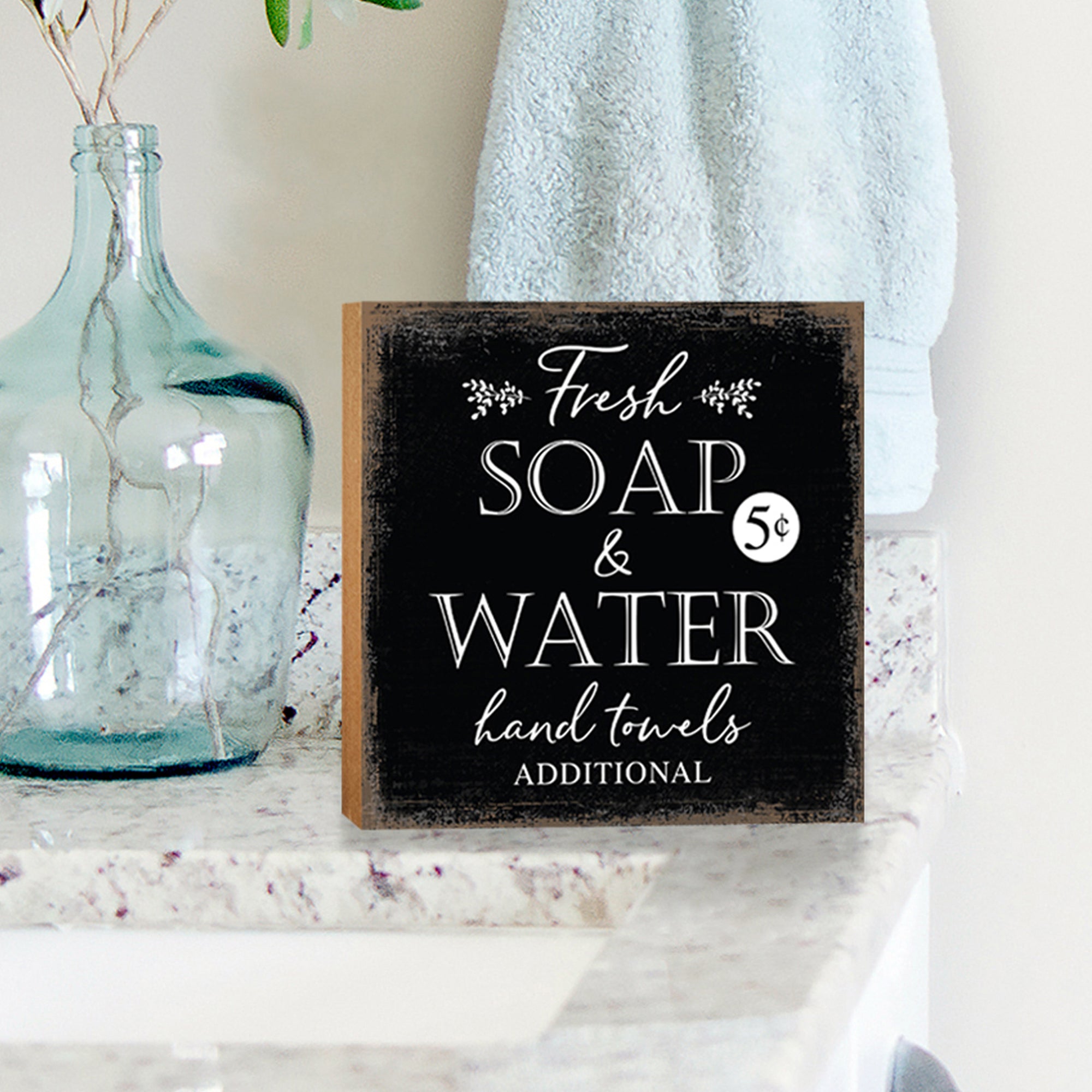 Wooden BATHROOM 6x6 Block shelf decor (Fresh Soap & Water Additional) Inspirational Plaque Tabletop and Family Home Decoration