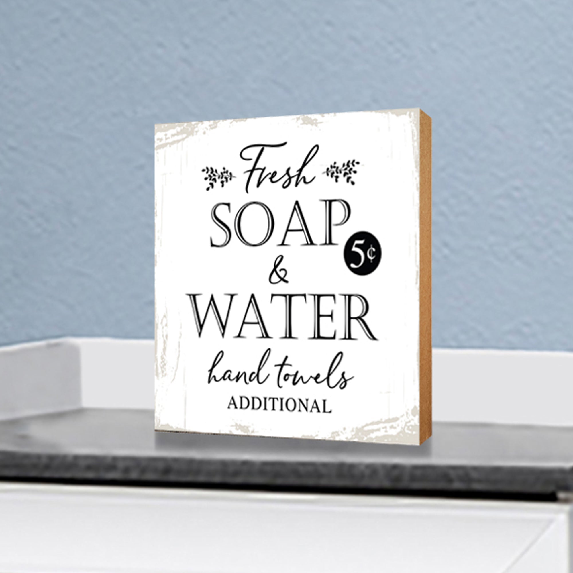 Wooden BATHROOM 6x6 Block shelf decor (Fresh Soap & Water Additional) Inspirational Plaque Tabletop and Family Home Decoration