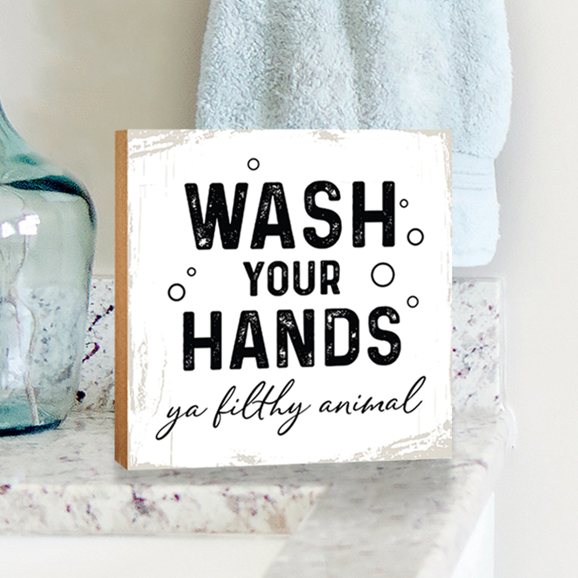 Wooden BATHROOM 6x6 Block shelf decor (Wash Your Hands) Inspirational Plaque Tabletop and Family Home Decoration
