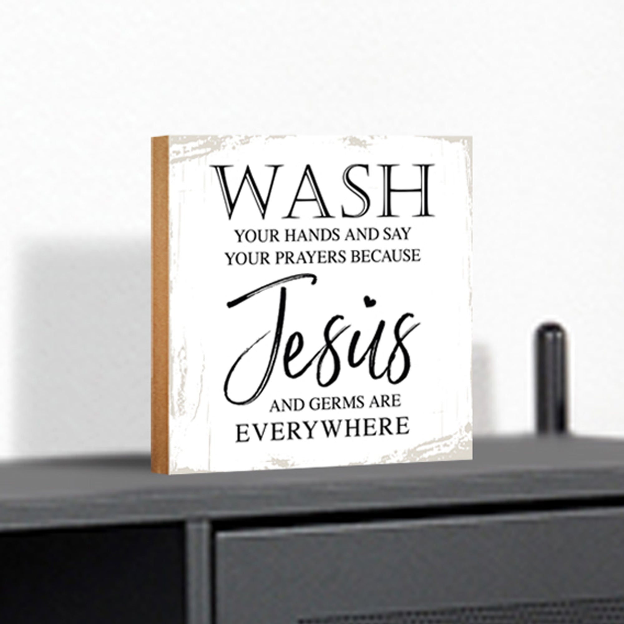 Wooden BATHROOM 6x6 Block shelf decor (Wash Your Hands Jesus) Inspirational Plaque Tabletop and Family Home Decoration