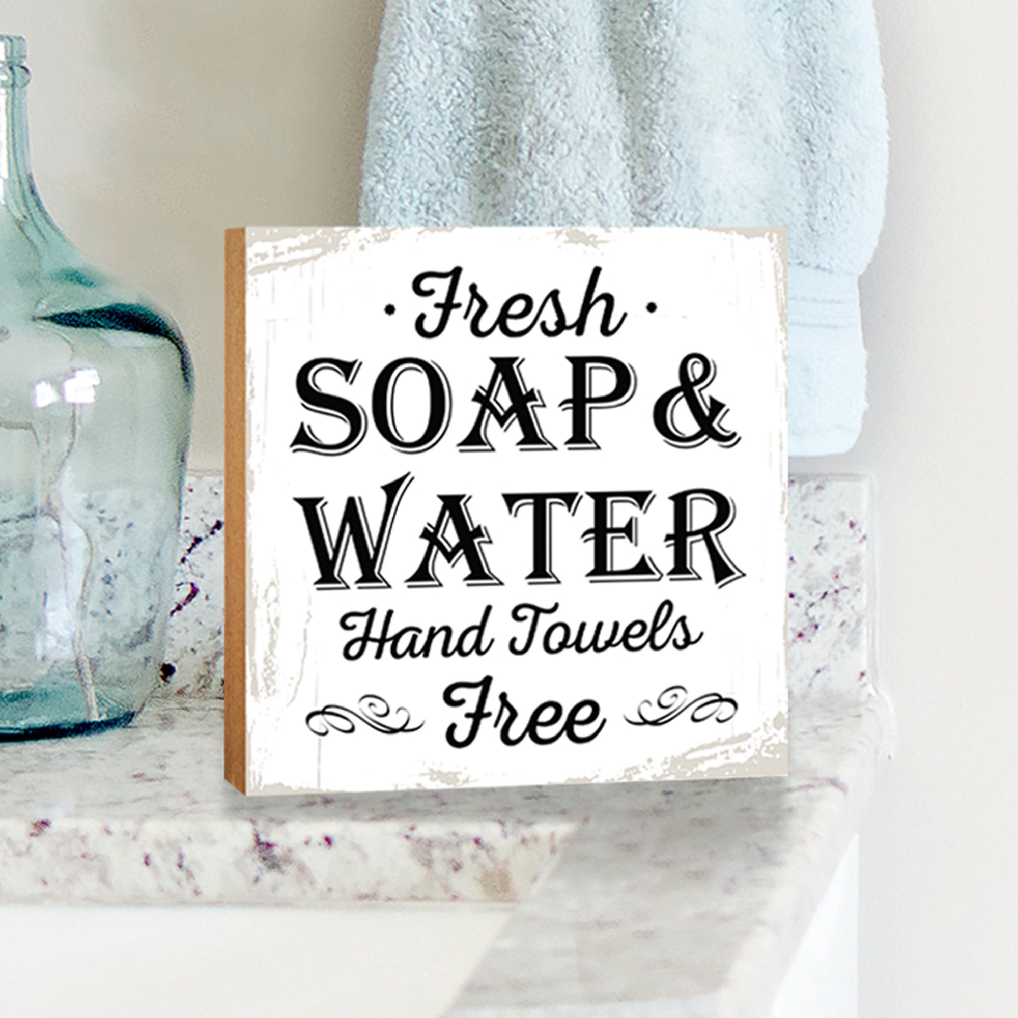 Wooden BATHROOM 6x6 Block shelf decor (Fresh Soap & Water Free) Inspirational Plaque Tabletop and Family Home Decoration