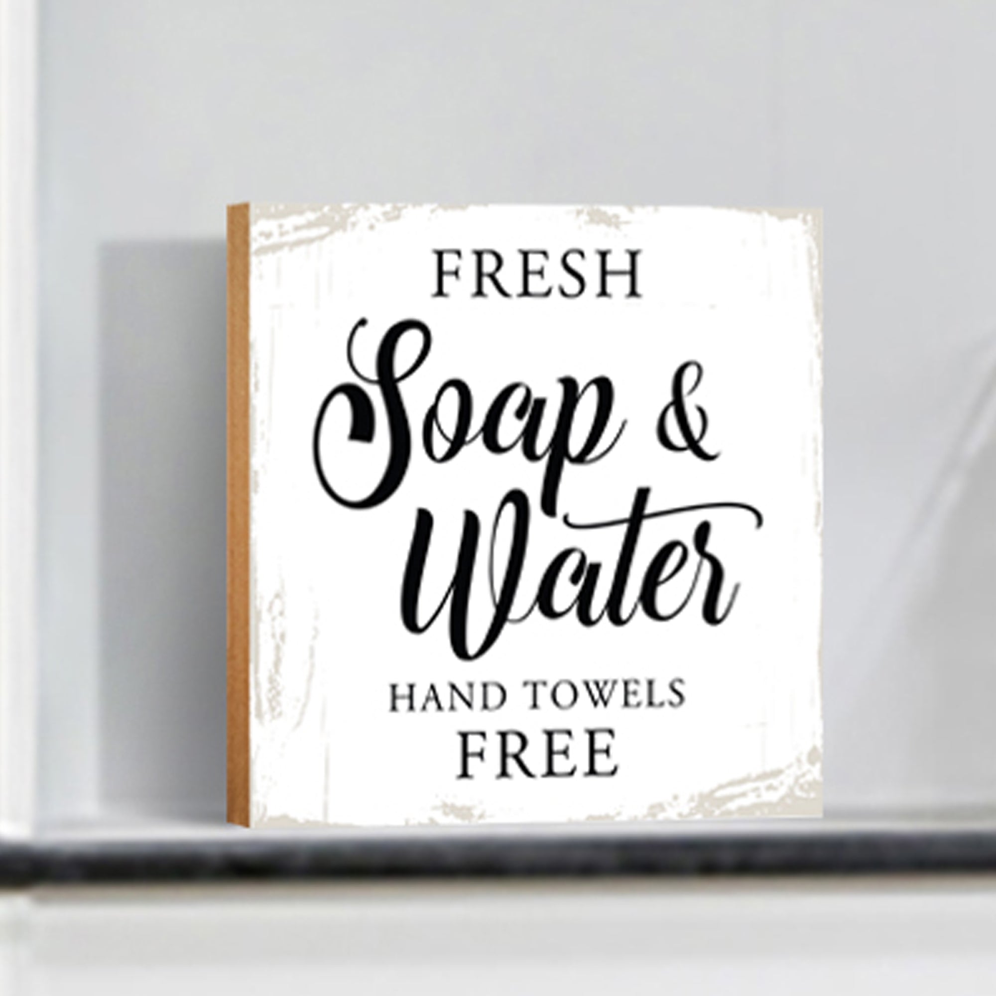Wooden BATHROOM 6x6 Block shelf decor (Fresh Soap & Water) Inspirational Plaque Tabletop and Family Home Decoration
