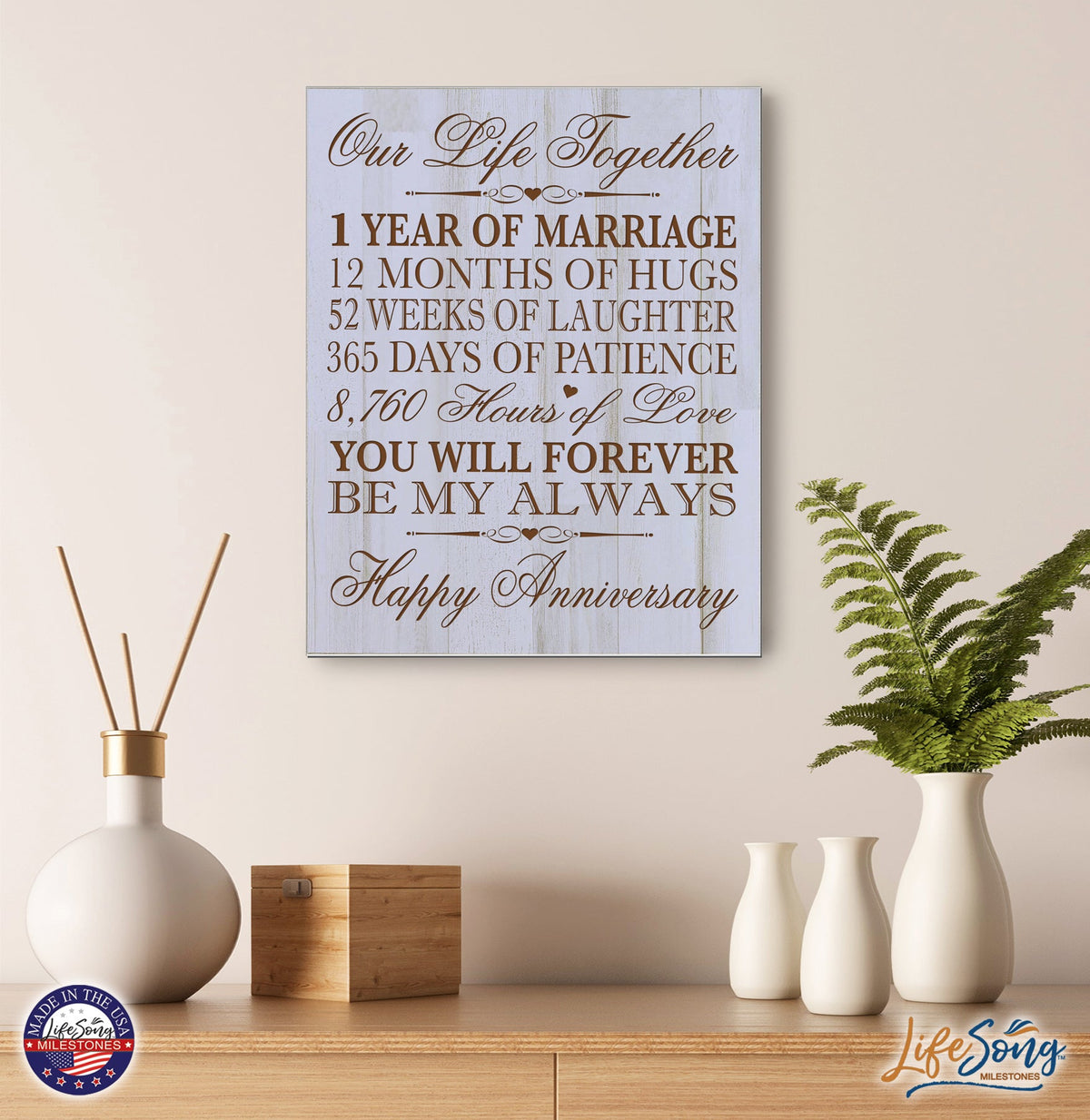 1st Wedding Anniversary Wall Plaque Gift "Marriage" - LifeSong Milestones