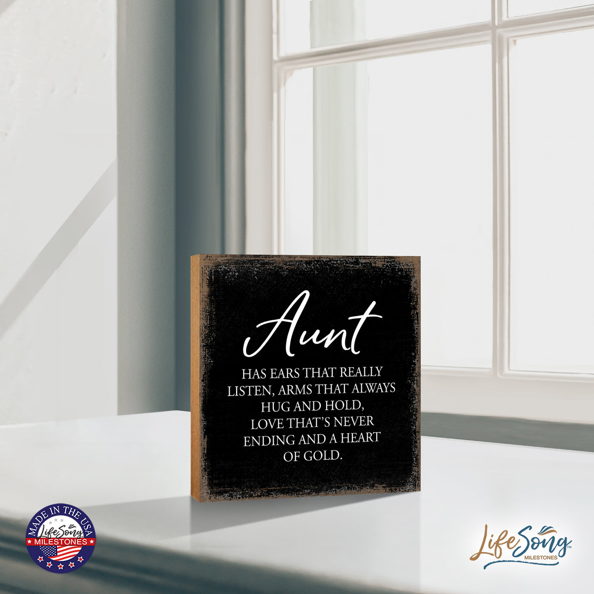 LifeSong Milestones Aunt Has Ears Floral 6x6 Inches Wood Family Art Sign Tabletop and Shelving For Home Décor. Wood Family Signs, art sign tabletop, Wood Art Decor for Living Room, Bedroom, Kitchen, Dining Room, and Entryways Home Decor.