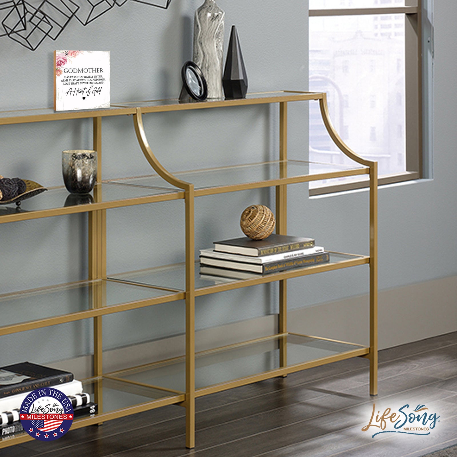 LifeSong Milestones Godmother Has Ears Heart Floral 6x6 Inches Wood Family Art Sign Tabletop and Shelving For Home Décor. Wood Family Signs, art sign tabletop, Wood Art Decor for Living Room, Bedroom, Kitchen, Dining Room, and Entryways Home Art Sign Decor.