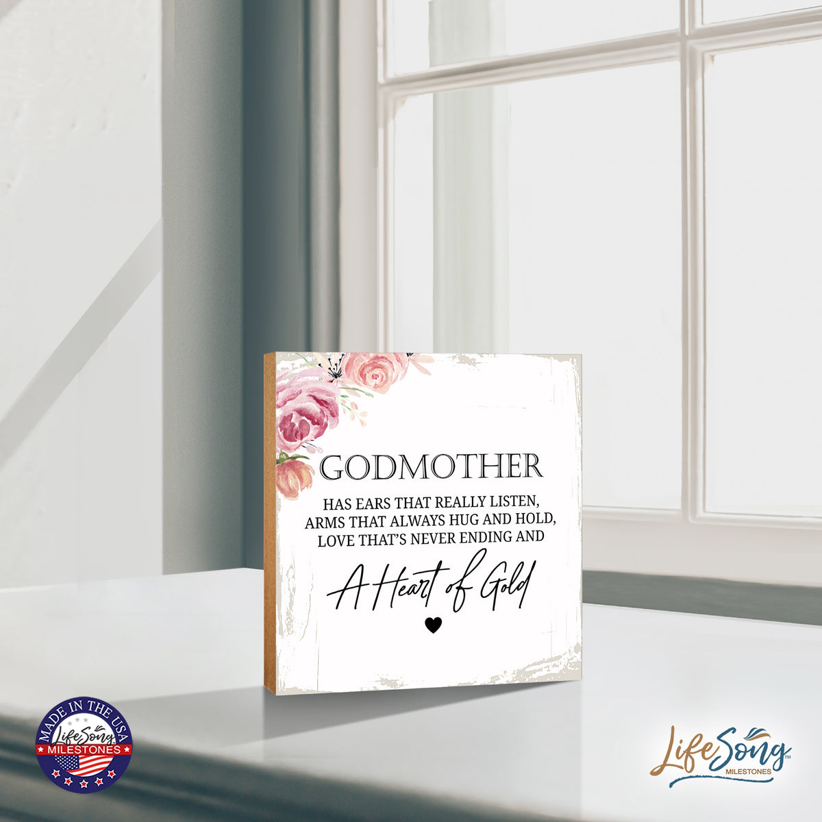 LifeSong Milestones Godmother Has Ears Heart Floral 6x6 Inches Wood Family Art Sign Tabletop and Shelving For Home Décor. Wood Family Signs, art sign tabletop, Wood Art Decor for Living Room, Bedroom, Kitchen, Dining Room, and Entryways Home Art Sign Decor.