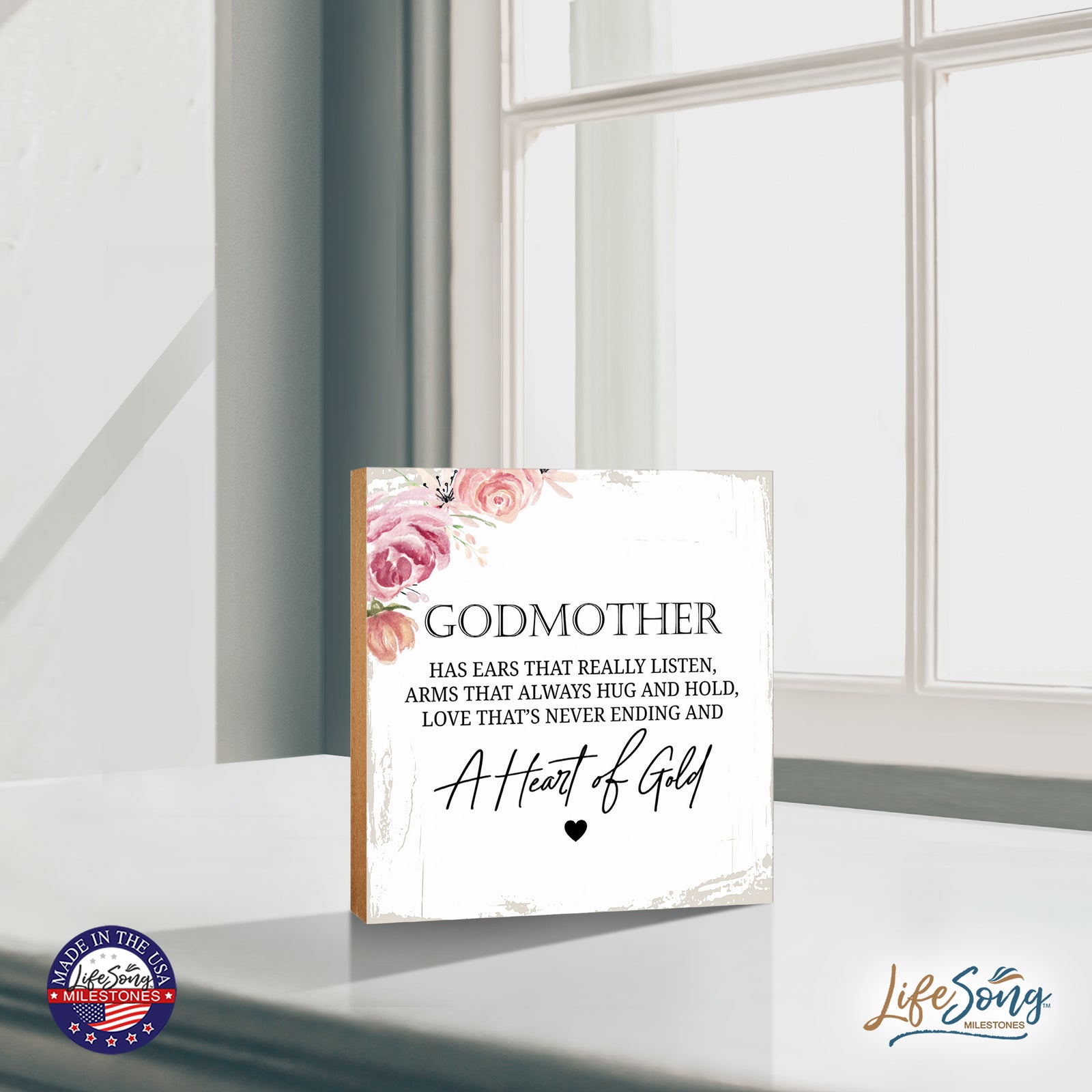 LifeSong Milestones Godmother Has Ears Heart Floral 6x6 Inches Wood Family Art Sign Tabletop and Shelving For Home Décor. Wood Family Signs, art sign tabletop, Wood Art Decor for Living Room, Bedroom, Kitchen, Dining Room, and Entryways Home Art Sign Decor.