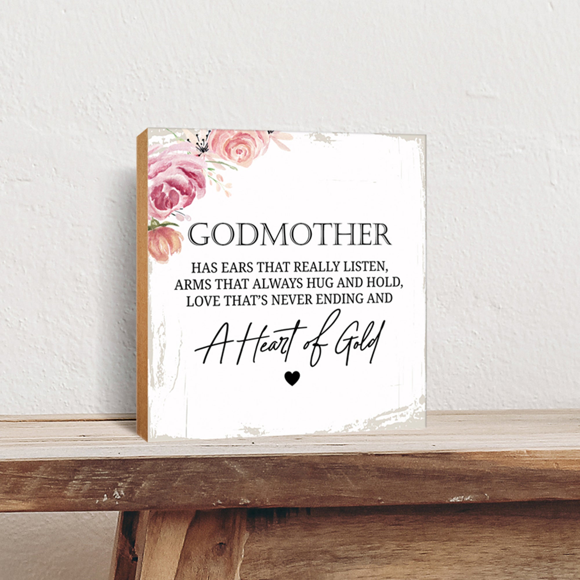 LifeSong Milestones Godmother Has Ears Heart Floral 6x6 Inches Wood Family Art Sign Tabletop and Shelving For Home Décor. Wood Family Signs, art sign tabletop, Wood Art Decor for Living Room, Bedroom, Kitchen, Dining Room, and Entryways Home Art Sign Decor.