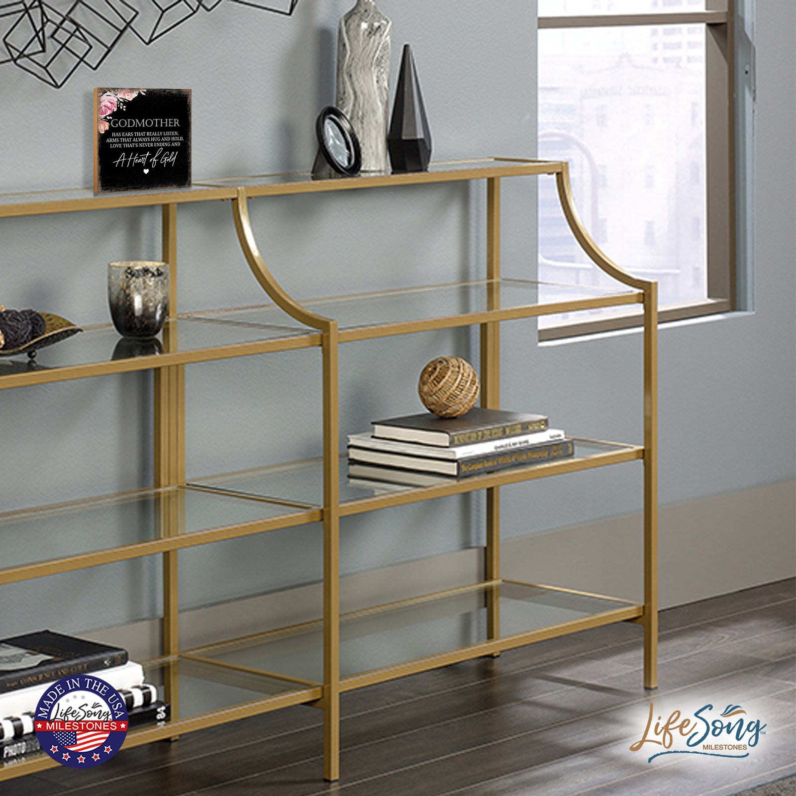 LifeSong Milestones Godmother Has Ears Heart Floral 6x6 Inches Wood Family Art Sign Tabletop and Shelving For Home Décor. Wood Family Signs, art sign tabletop, Wood Art Decor for Living Room, Bedroom, Kitchen, Dining Room, and Entryways Home Art Sign Decor.