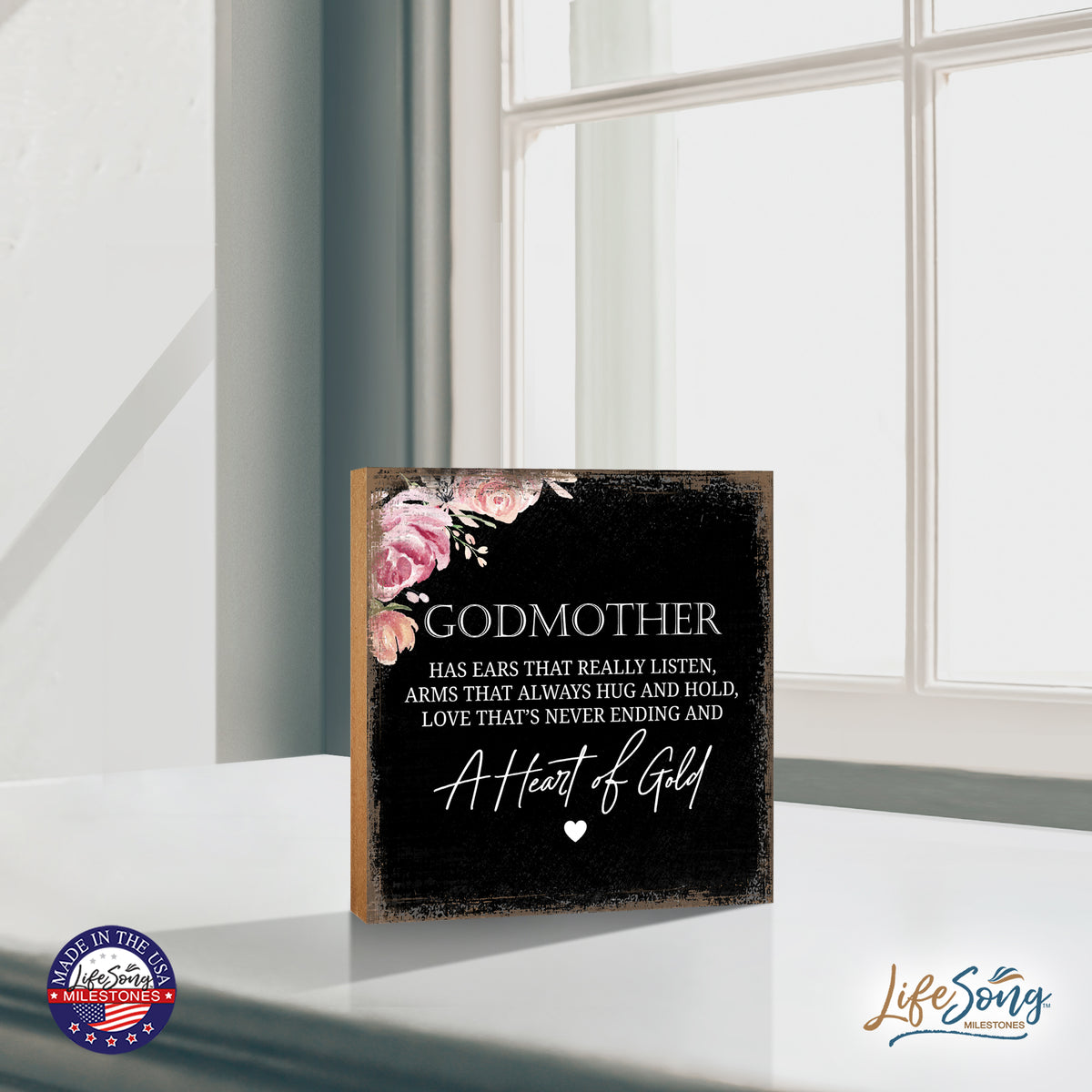 LifeSong Milestones Godmother Has Ears Heart Floral 6x6 Inches Wood Family Art Sign Tabletop and Shelving For Home Décor. Wood Family Signs, art sign tabletop, Wood Art Decor for Living Room, Bedroom, Kitchen, Dining Room, and Entryways Home Art Sign Decor.