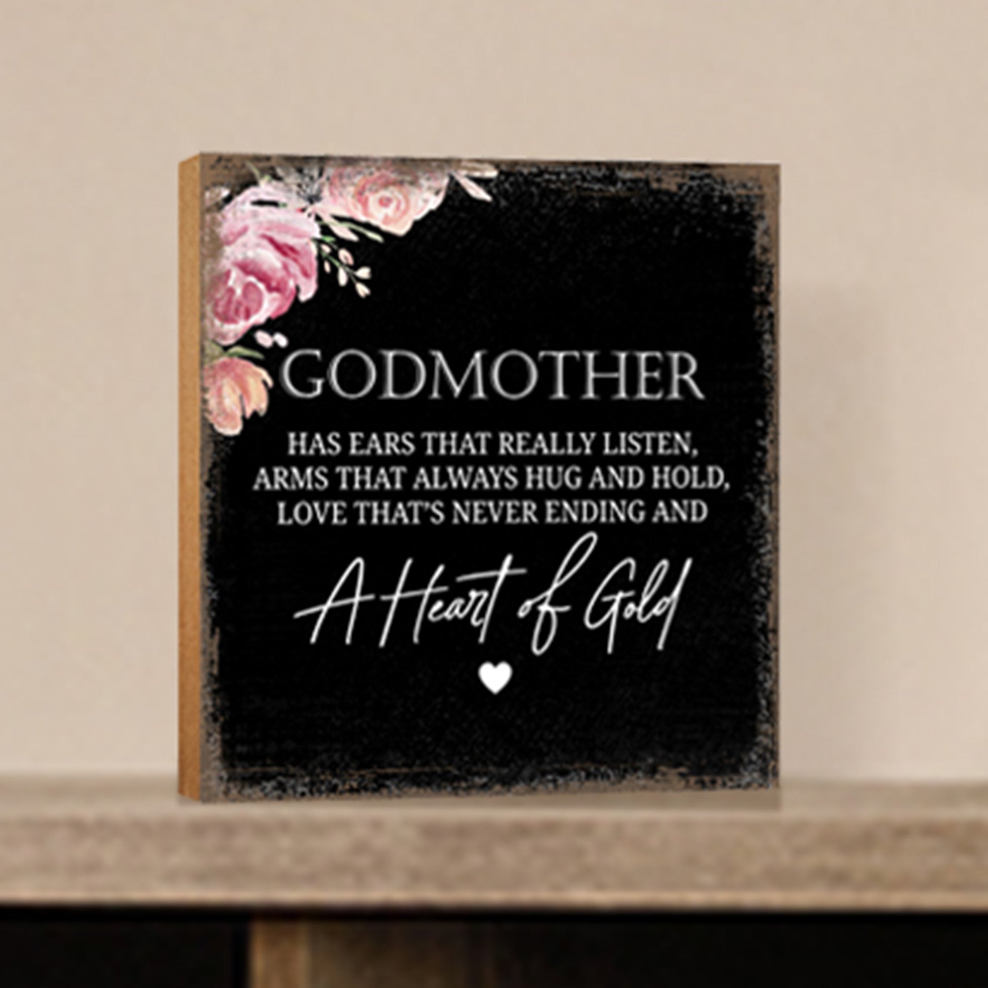 LifeSong Milestones Godmother Has Ears Heart Floral 6x6 Inches Wood Family Art Sign Tabletop and Shelving For Home Décor. Wood Family Signs, art sign tabletop, Wood Art Decor for Living Room, Bedroom, Kitchen, Dining Room, and Entryways Home Art Sign Decor.