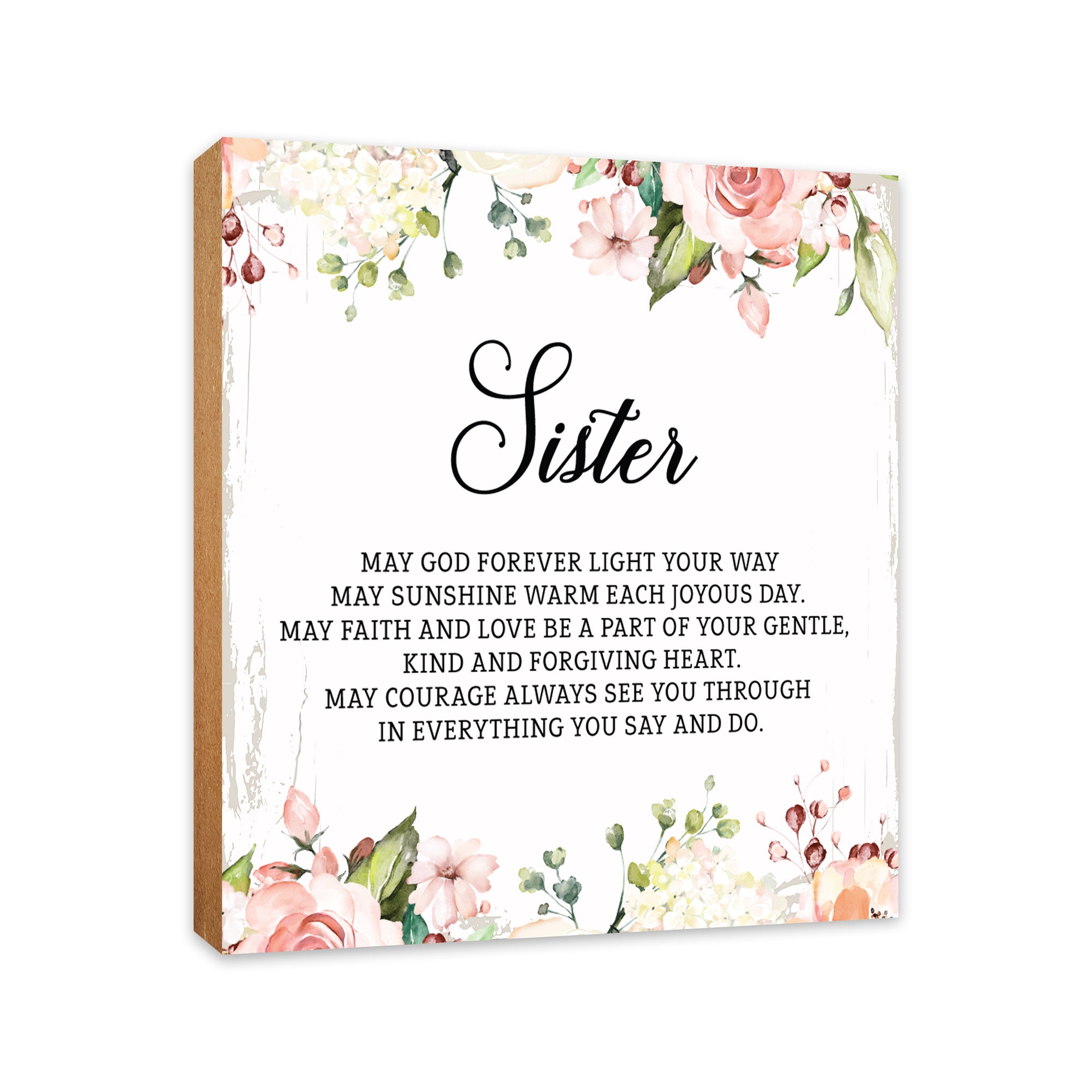 Sister May God Forever Floral 6x6 Inches Wood Family Art Sign Tabletop and Shelving For Home Décor