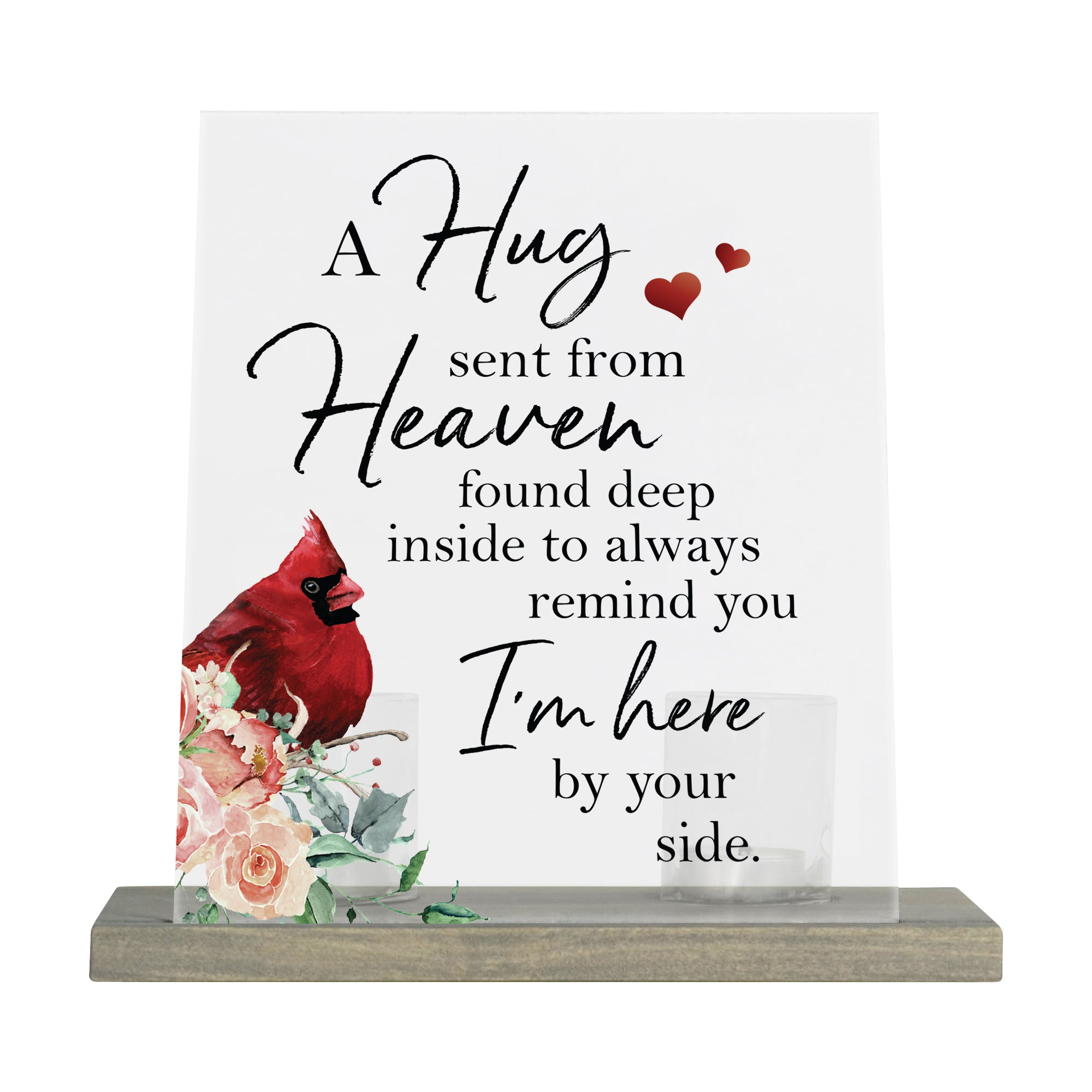 LifeSong Memorials Vintage Memorial Cardinal Acrylic Sign Candle Holder With Wood Base And Glass Votives For Home Decor | A Hug Sent From Heaven. Living Room, Bedroom, Kitchen, Dining Room, and Entryways perfect memorial bereavement keepsake gift ideas for Family & Friends.