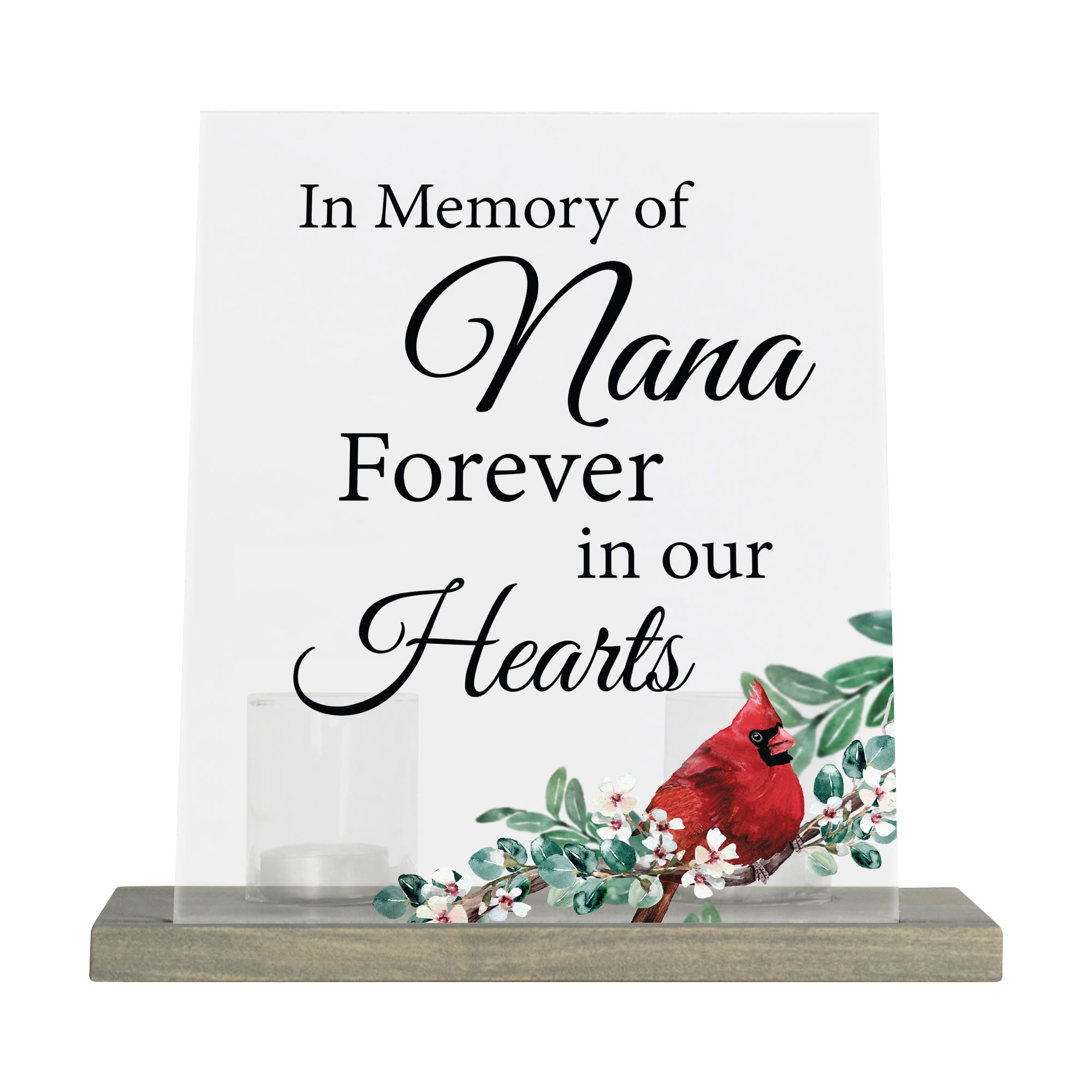 LifeSong Memorials Vintage Memorial Cardinal Acrylic Sign Candle Holder With Wood Base And Glass Votives For Home Decor | In Memory Nana. Acrylic candle holders, Vintage acrylic candle holders, glass candle holders for Living Room, Bedroom, Kitchen, Dining Room, and Entryways decor perfect memorial bereavement keepsake gift ideas for Family & Friends.