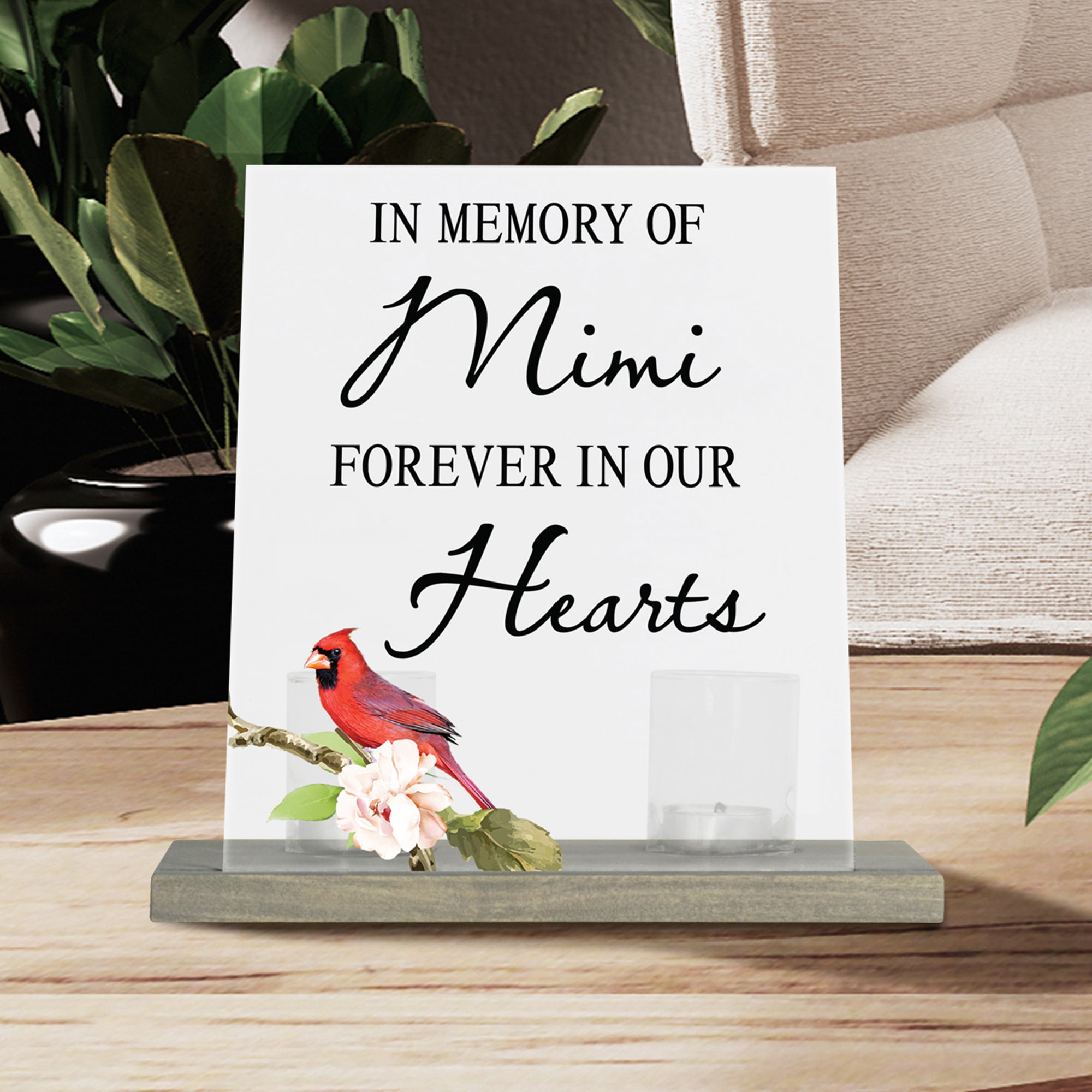 LifeSong Memorials Vintage Memorial Cardinal Acrylic Sign Candle Holder With Wood Base And Glass Votives For Home Decor | In Memory Of Mimi. Acrylic candle holders, Vintage acrylic candle holders, glass candle holders for Living Room, Bedroom, Kitchen, Dining Room, and Entryways decor perfect memorial bereavement keepsake gift ideas for Family & Friends.