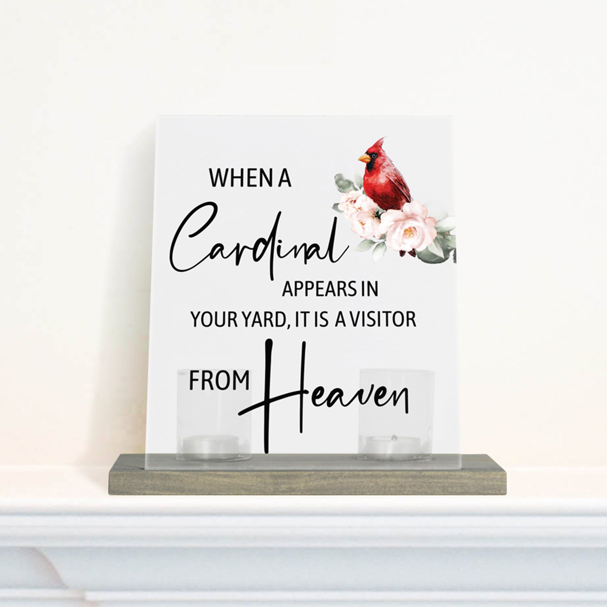 Vintage Memorial Cardinal Acrylic Sign Candle Holder With Wood Base And Glass Votives For Home Décor | When Cardinal Appears