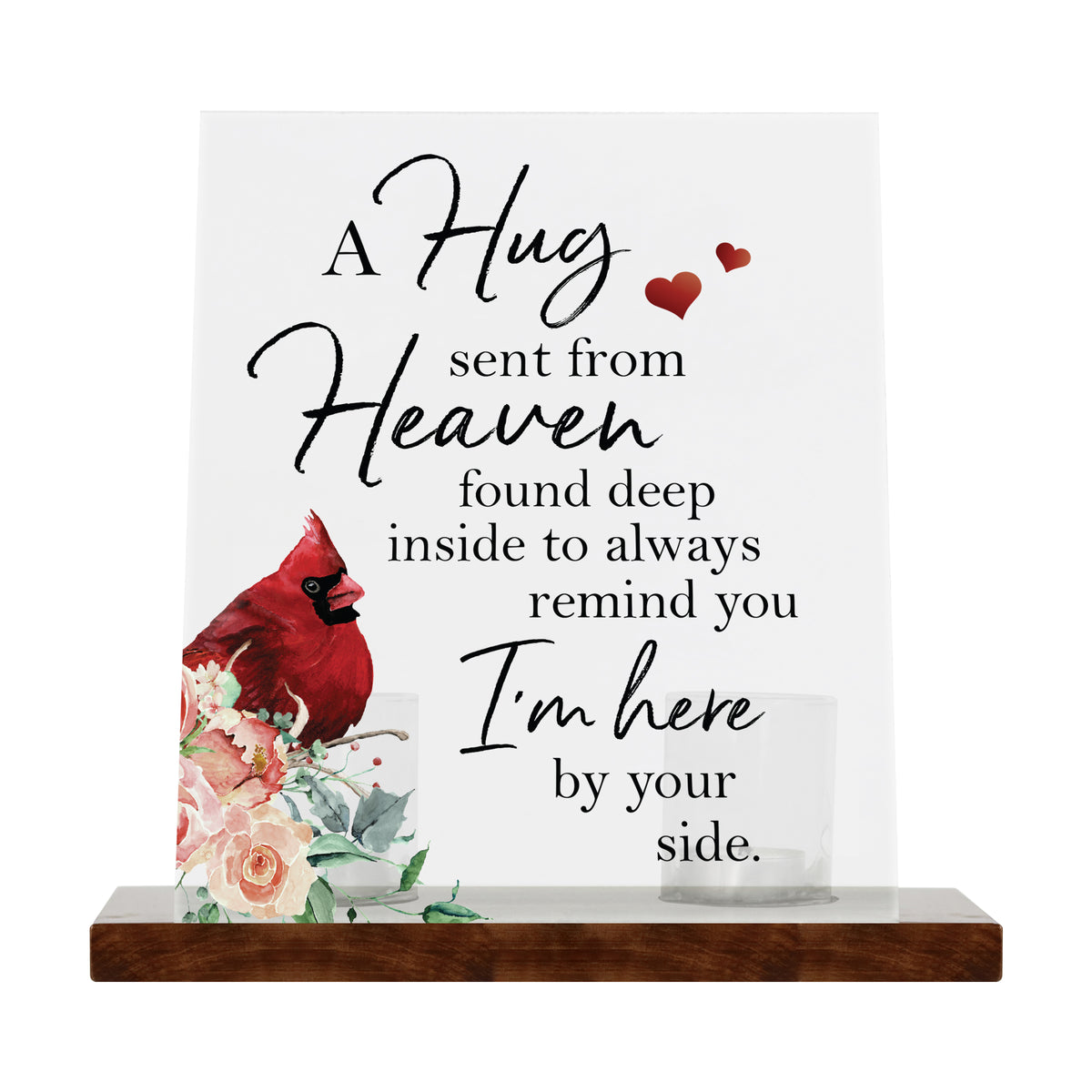 LifeSong Memorials Vintage Memorial Cardinal Acrylic Sign Candle Holder With Wood Base And Glass Votives For Home Decor | A Hug Sent From Heaven. Living Room, Bedroom, Kitchen, Dining Room, and Entryways perfect memorial bereavement keepsake gift ideas for Family &amp; Friends.