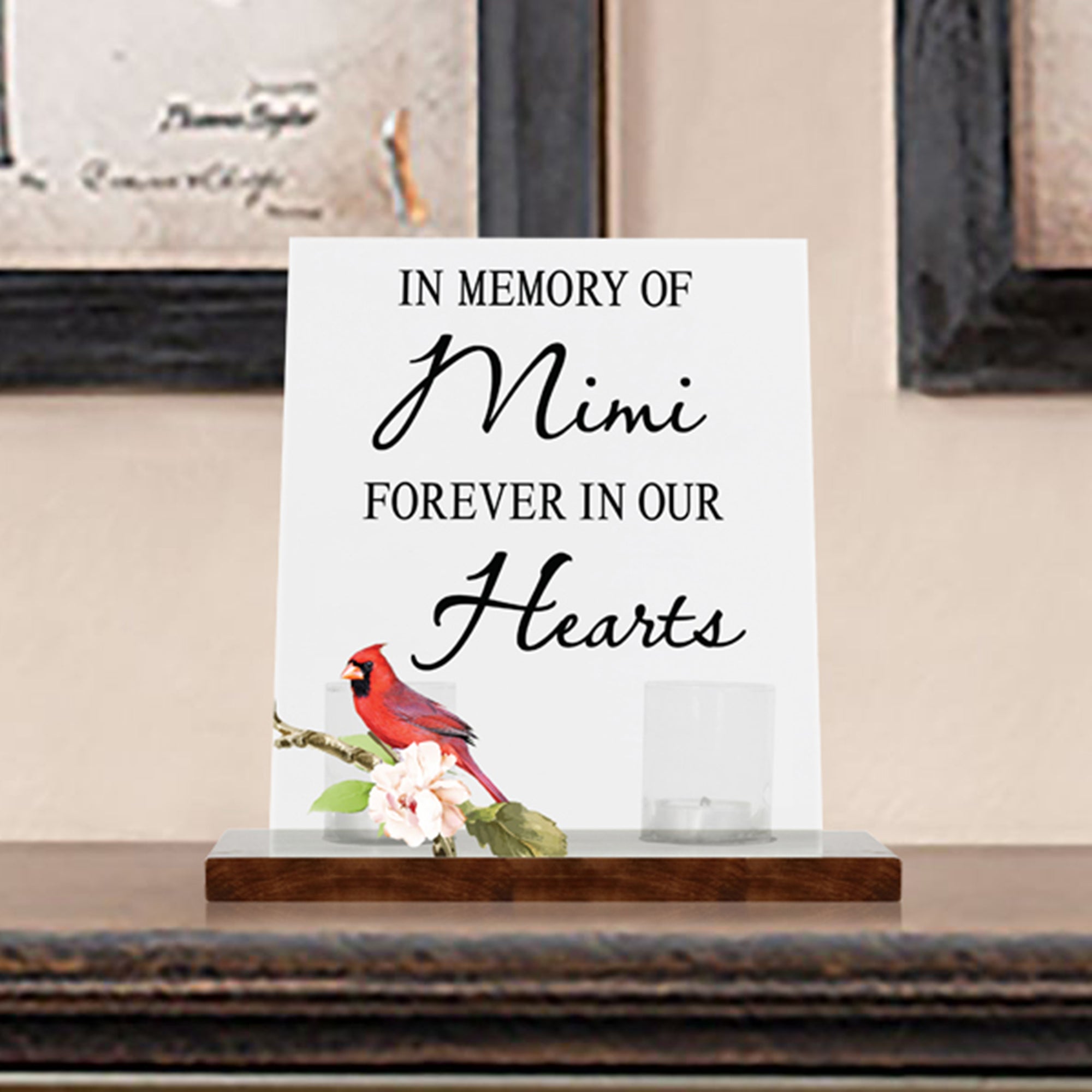 LifeSong Memorials Vintage Memorial Cardinal Acrylic Sign Candle Holder With Wood Base And Glass Votives For Home Decor | In Memory Of Mimi. Acrylic candle holders, Vintage acrylic candle holders, glass candle holders for Living Room, Bedroom, Kitchen, Dining Room, and Entryways decor perfect memorial bereavement keepsake gift ideas for Family & Friends.