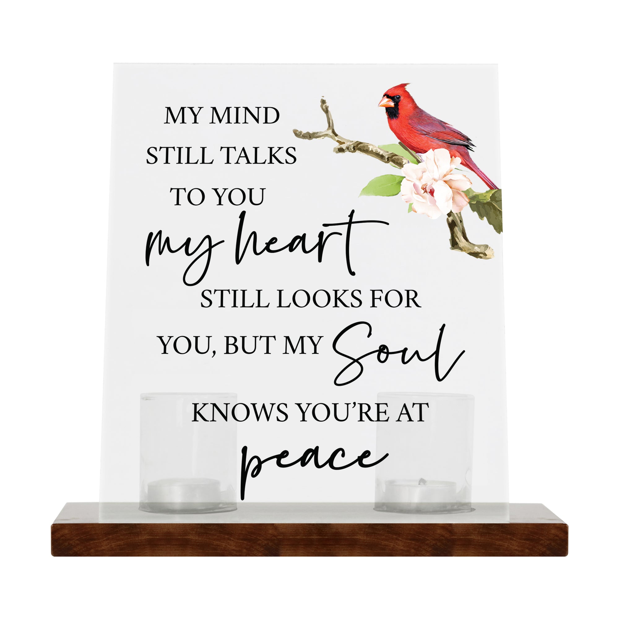 Vintage Memorial Cardinal Acrylic Sign Candle Holder With Wood Base And Glass Votives For Home Décor | My Mind Still Talks