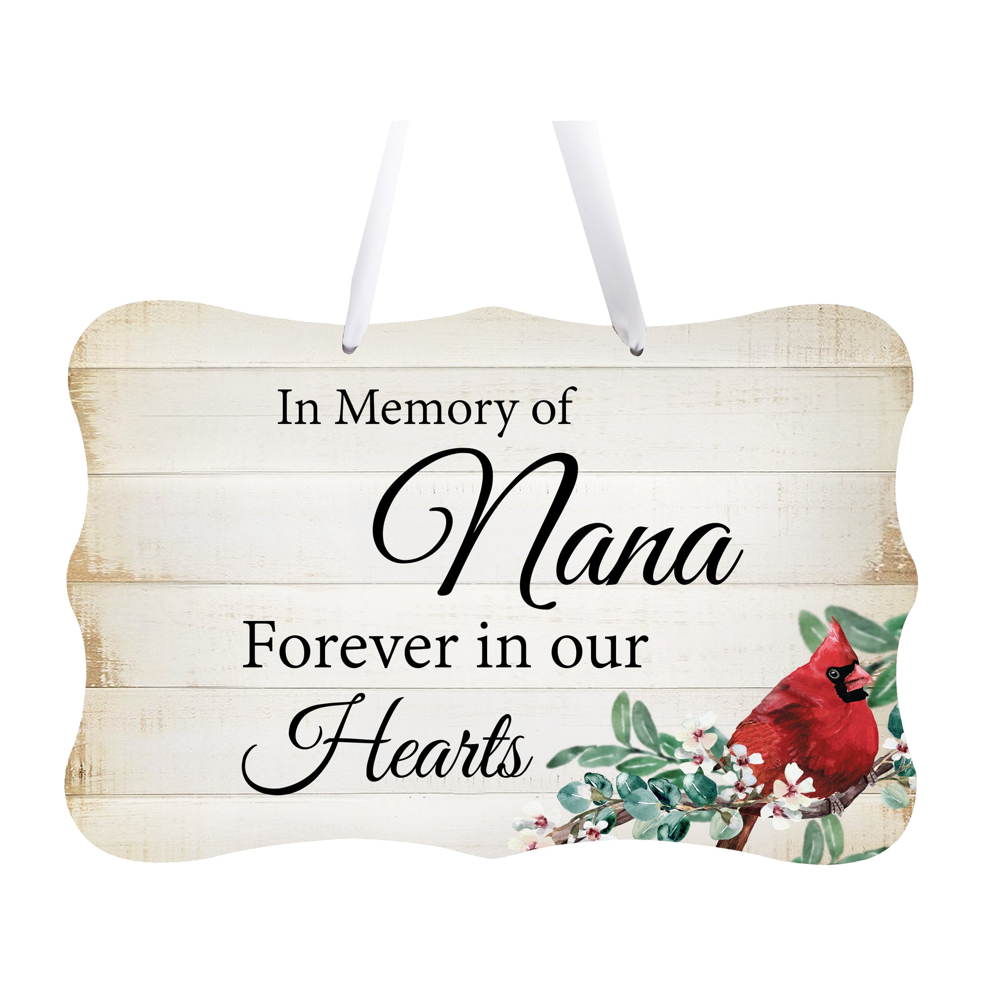 A memorial wall hanging sign adorned with a cardinal ribbon, a symbol of remembrance.