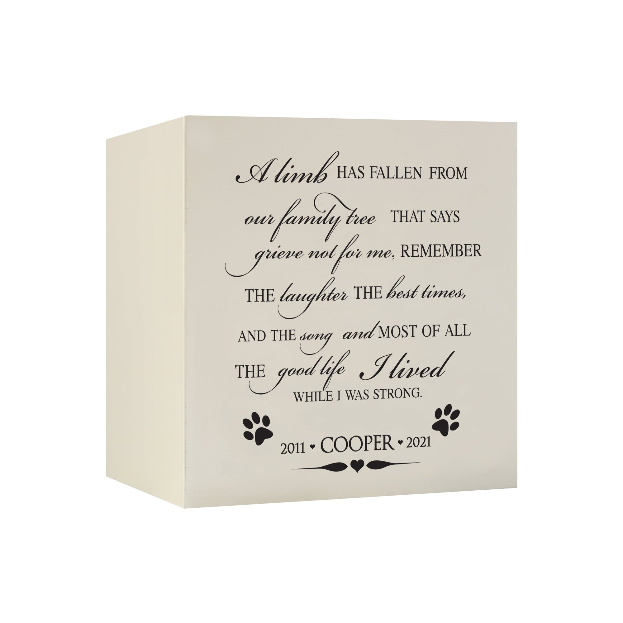 Pet Memorial Shadow Box Cremation Urn for Dog or Cat - A Limb Has Fallen From Our Family Tree