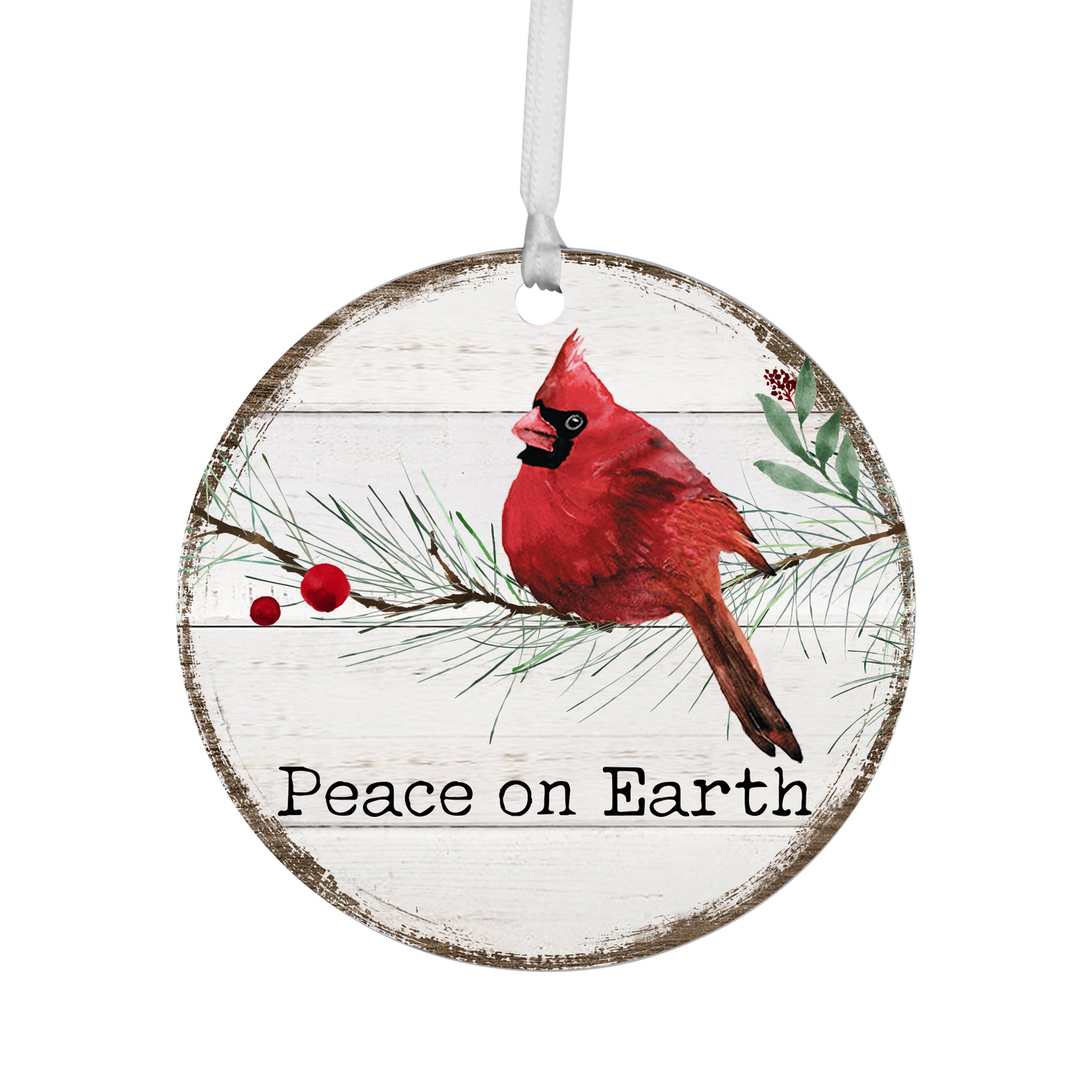 Wooden Hanging Christmas Ornament Red Cardinal Peace On Earth